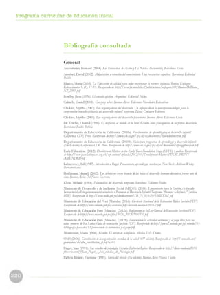 Programa curricular de Educación Inicial
Bibliografía consultada
General
Aucouturier, Bernard (2004). Los Fantasmas deAccióny La Práctica Psicomotriz Barcelona: Grao.
Ausubel, David (2002). Adquisicióny retención del conocimiento. Unaperspectiva cognitiva. Barcelona: Editorial
Paidós.
Blanco, María (2005). La Educación de calidadpara todos empieza en laprimera infancia. Revista Enfoques
Educacionales 7, (1), 11-33. Recuperado de http://www.facso.uchile.cl/publicaciones/enfoques/09/Blanco-DelPiano_
N7_2005.pdf
Bowlby, Jhon (1976). El vínculo afectivo. Argentina: EditorialPaidos.
Calmels, Daniel (2004). Cuerpoy saber. Buenos Aires: Ediciones Novedades Educativas.
Chokler, Myrtha (2003). Los organizadores del desarrollo. Un enfoque desde la neuropsicosociologíapara la
comprensión transdisciplinaria del desarrollo infantil temprano. Lima: Centauro Editores.
Chokler, Myrtha (2005). Los organizadores del desarrollopsicomotor. Buenos Aires: Ediciones Cinco.
De Truchis, Chantal (1996). E l despertar al mundo de tu bebé. El niño comoprotagonista de supropio desarrollo.
Barcelona: Paidós Ibérica.
Departamento de Educación de California. (2010a). Fundamentos de aprendizajey el desarrollo infantil.
California: CDE Press. Recuperado de http://www.cde.ca.gov/sp/cd/re/documents/itfoundationsspan.pdf
Departamento de Educación de California. (2010b). Guíaparaprogramas de aprendizajey desarrollo infantil
(2da Edición). California: CDE Press. Recuperado de http://www.cde.ca.gov/sp/cd/re/documents/itproggdlnesspan.pdf
Early Education. (2012). DevelopmentMatters in the Early Years Foundation Stage (EYFS). Londres. Recuperado
de http://www.foundationyears.org.uk/wp-content/uploads/2012/03/Development-Matters-FINAL-PRINT-
AMENDED.pdf
Labinowicz, Ed (1987). Introducción a Piaget. Pensamiento, aprendizaje, enseñanza. New York:Addison-Wesley-
Iberoamericana.
Hoffmann, Miguel. (2002). Los árboles no crecen tirando de las hojas: el desarrollo humano durante elprimer año de
vida. BuenosAires: DelNuevo Extremo.
Klein, Melanie (1984). Psicoanálisis del desarrollo temprano. Barcelona: Ediciones Paidós.
Ministerio de Desarrollo y de Inclusión Social (MIDIS). (2016). Lineamientospara la GestiónArticulada
Intersectorial e Intergubernamental orientada a Promover el Desarrollo Infantil Temprano ‘Primero la Infancia” [archivo
PDF]. Recuperado de http://www.midis.gob.pe/dmdocuments/DS_N_010-2016-MlDlSv2.pdf
Ministerio de Educación del Perú (Minedu) (2016). Currículo Nacional de la Educación Básica [archivo PDF].
Recuperado de http://www.minedu.gob.pe/curriculo/pdf/curriculo-nacional-2016-2.pdf
Ministerio de Educación Perú (Minedu). (2012a). Reglamento de la Ley General de Educación [archivo PDF].
Recuperado de http://www.minedu.gob.pe/files/3926_201207101510.pdf
Ministerio de Educación Perú (Minedu). (2012b). Favoreciendo la actividad autónomay eljuego librepara los
niños menores de 0 a 3 años: Guía de orientación [archivo PDF]. Recuperado de http://www2.minedu.gob.pe/minedu/03-
bibliografia-para-ebr/15-favoreciendo-la-autonomia-y-el-juego.pdf
Montessori, Maria (1966). El niño: El secreto de la infancia. México, D.F.: Diana.
OMS (2006). Constitución de la organización mundial de la salud (45° edición). Recuperado de http://www.who.int/
governance/eb/who_constitution_sp.pdf?ua=1
Piaget, Jean (1991). Seis estudios depsicología. España: EditorialLabor. Recuperado de http://dinterrondonia2010.
pbworks.com/f/Jean_Piaget_-_Seis_estudios_de_Psicologiapdf
Pichón Riviere, Enrrique (1985). Teoría del vínculo (5ta edición). BuenosAires: Nueva Visión.
 