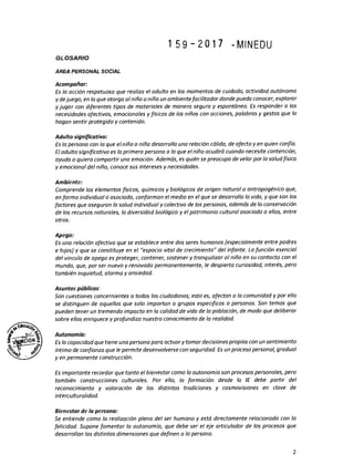 1 59 - 20 17 - MINEDU
G LO SA R IO
ÁREA PERSONAL SOCIAL
Acompañar:
Es la acción respetuosa que realiza el adulto en los momentos de cuidado, actividad autónoma
y dejuego, en la que otorga al niño o niña un ambientefacilitador donde pueda conocer, explorar
y jugar con diferentes tipos de materiales de manera segura y espontánea. Es responder a las
necesidades afectivas, emocionales y físicas de los niños con acciones, palabras y gestos que lo
hagan sentir protegido y contenido.
Adulto significativo:
Es la persona con la que el niño o niña desarrolla una relación cálida, de afecto y en quien confia.
El adulto significativo es la primera persona a la que el niño acudirá cuando necesite contención,
ayuda o quiera compartir una emoción. Además, es quién se preocupa de velar por la saludfísica
y emocional del niño, conoce sus intereses y necesidades.
Ambiente:
Comprende los elementos físicos, químicos y biológicos de origen natural o antropogénico que,
en forma individual o asociada, conforman el medio en el que se desarrolla la vida, y que son los
factores que aseguran la salud individual y colectiva de las personas, además de la conservación
de los recursos naturales, la diversidad biológica y el patrimonio cultural asociado a ellos, entre
otros.
Apego:
Es una relación afectiva que se establece entre dos seres humanos (especialmente entre padres
e hijos) y que se constituye en el "espacio vital de crecimiento" del infante. La función esencial
del vínculo de apego es proteger, contener, sostener y tranquilizar al niño en su contacto con el
mundo, que, por ser nuevo y renovado permanentemente, le despierta curiosidad, interés, pero
también inquietud, alarma y ansiedad.
Asuntos públicos:
Son cuestiones concernientes a todos los ciudadanos; esto es, afectan a la comunidad y por ello
se distinguen de aquellos que solo importan a grupos específicos o personas. Son temas que
pueden tener un tremendo impacto en la calidad de vida de la población, de modo que deliberar
sobre ellos enriquece y profundiza nuestro conocimiento de la realidad.
Autonomía:
Es la capacidad que tiene una persona para actuar y tomar decisiones propias con un sentimiento
íntimo de confianza que le permite desenvolverse con seguridad. Es un proceso personal, gradual
y en permanente construcción.
Es importante recordar que tanto el bienestar como la autonomía son procesos personales, pero
también construcciones culturales. Por ello, la formación desde la IE debe partir del
reconocimiento y valoración de las distintas tradiciones y cosmovisiones en clave de
interculturalidad.
Bienestar de la persona:
Se entiende como la realización plena del ser humano y está directamente relacionado con la
felicidad. Supone fomentar la autonomía, que debe ser el eje articulador de los procesos que
desarrollan las distintas dimensiones que definen a la persona.
2
 