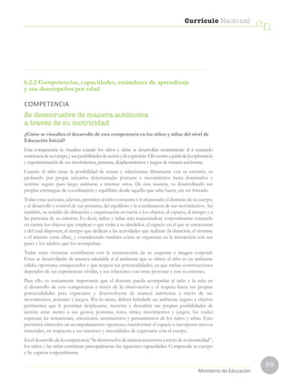 99
Currículo Nacional
cn
Ministerio de Educación
6.2.2 Competencias, capacidades, estándares de aprendizaje
y sus desempeños por edad
COMPETENCIA
Se desenvuelve de manera autónoma
a través de su motricidad
¿Cómo se visualiza el desarrollo de esta competencia en los niños y niñas del nivel de
Educación Inicial?
Esta competencia se visualiza cuando los niños y niñas se desarrollan motrizmente al ir tomando
concienciadesucuerpo,ysusposibilidadesdeacciónydeexpresión.Elloocurreapartirdelaexploración
y experimentación de sus movimientos, posturas, desplazamientos y juegos de manera autónoma.
Cuando el niño tiene la posibilidad de actuar y relacionarse libremente con su entorno, va
probando por propia iniciativa determinadas posturas o movimientos hasta dominarlos y
sentirse seguro para luego animarse a intentar otros. De esta manera, va desarrollando sus
propias estrategias de coordinación y equilibrio desde aquello que sabe hacer, sin ser forzado.
Todas estas acciones, además, permiten al niño conocerse e ir afianzando el dominio de su cuerpo,
y el desarrollo y control de sus posturas, del equilibrio y la coordinación de sus movimientos. Así
también, su sentido de ubicación y organización en razón a los objetos, al espacio, al tiempo y a
las personas de su entorno. Es decir, niños y niñas irán reajustándose corporalmente tomando
en cuenta los objetos que emplean o que están a su alrededor, el espacio en el que se encuentran
y del cual disponen, el tiempo que dedican a las actividades que realizan (la duración, el término
o el tránsito entre ellas), y considerando también cómo se organizan en la interacción con sus
pares y los adultos que los acompañan.
Todas estas vivencias contribuyen con la construcción de su esquema e imagen corporal.
Estas se desarrollarán de manera saludable si el ambiente que se ofrece al niño es un ambiente
cálido, oportuno, enriquecedor y que respeta sus potencialidades, ya que ambas construcciones
dependen de sus experiencias vividas, y sus relaciones con otras personas y con su entorno.
Para ello, es sumamente importante que el docente pueda acompañar al niño y la niña en
el desarrollo de esta competencia a través de la observación y el respeto hacia sus propias
potencialidades para expresarse y desenvolverse de manera autónoma a través de sus
movimientos, acciones y juegos. Por lo tanto, deberá brindarle un ambiente seguro y objetos
pertinentes que le permitan desplazarse, moverse y descubrir sus propias posibilidades de
acción; estar atento a sus gestos, posturas, tono, ritmo, movimientos y juegos, los cuales
expresan las sensaciones, emociones, sentimientos y pensamientos de los niños y niñas. Esto
permitirá ofrecerles un acompañamiento oportuno, transformar el espacio e incorporar nuevos
materiales, en respuesta a sus intereses y necesidades de expresarse con el cuerpo.
Eneldesarrollodelacompetencia“Sedesenvuelvedemaneraautónomaatravésdesumotricidad”,
los niños y las niñas combinan principalmente las siguientes capacidades: Comprende su cuerpo
y Se expresa corporalmente.
 