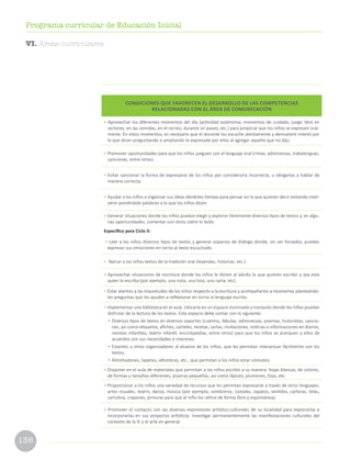 136
Programa curricular de Educación Inicial
CONDICIONES QUE FAVORECEN EL DESARROLLO DE LAS COMPETENCIAS
RELACIONADAS CON EL ÁREA DE COMUNICACIÓN
• Aprovechar los diferentes momentos del día (actividad autónoma, momentos de cuidado, juego libre en
sectores, en las comidas, en el recreo, durante un paseo, etc.) para propiciar que los niños se expresen oral-
mente. En estos momentos, es necesario que el docente los escuche atentamente y demuestre interés por
lo que dicen preguntando o ampliando lo expresado por ellos al agregar aquello que no dijo.
• Promover oportunidades para que los niños jueguen con el lenguaje oral (rimas, adivinanzas, trabalenguas,
canciones, entre otros).
• Evitar sancionar la forma de expresarse de los niños por considerarla incorrecta, u obligarlos a hablar de
manera correcta.
• Ayudar a los niños a organizar sus ideas dándoles tiempo para pensar en lo que quieren decir evitando inter-
venir poniéndole palabras a lo que los niños dicen.
• Generar situaciones donde los niños puedan elegir y explorar libremente diversos tipos de textos y, en algu-
nas oportunidades, comentar con otros sobre lo leído.
Específico para Ciclo II:
• Leer a los niños diversos tipos de textos y generar espacios de diálogo donde, sin ser forzados, puedan
expresar sus emociones en torno al texto escuchado.
• Narrar a los niños textos de la tradición oral (leyendas, historias, etc.).
• Aprovechar situaciones de escritura donde los niños le dicten al adulto lo que quieren escribir y sea este
quien lo escriba (por ejemplo, una nota, una lista, una carta, etc).
• Estar atentos a las inquietudes de los niños respecto a la escritura y acompañarlos a resolverlas planteándo-
les preguntas que los ayuden a reflexionar en torno al lenguaje escrito.
• Implementar una biblioteca en el aula. Ubicarla en un espacio iluminado y tranquilo donde los niños puedan
disfrutar de la lectura de los textos. Este espacio debe contar con lo siguiente:
• Diversos tipos de textos en diversos soportes (cuentos, fábulas, adivinanzas, poemas, historietas, cancio-
nes, así como etiquetas, afiches, carteles, recetas, cartas, invitaciones, noticias o informaciones en diarios,
revistas infantiles, teatro infantil, enciclopedias, entre otros) para que los niños se acerquen a ellos de
acuerdos con sus necesidades e intereses.
• Estantes u otros organizadores al alcance de los niños, que les permitan interactuar fácilmente con los
textos.
• Almohadones, tapetes, alfombras, etc., que permitan a los niños estar cómodos.
• Disponer en el aula de materiales que permitan a los niños escribir a su manera: hojas blancas, de colores,
de formas y tamaños diferentes, pizarras pequeñas, así como lápices, plumones, tizas, etc.
• Proporcionar a los niños una variedad de recursos que les permitan expresarse a través de otros lenguajes:
artes visuales, teatro, danza, música (por ejemplo, sombreros, costales, zapatos, vestidos, carteras, telas,
cartulina, crayones, pinturas para que el niño los utilice de forma libre y espontánea).
• Promover el contacto con las diversas expresiones artístico-culturales de su localidad para explorarlas e
incorporarlas en sus proyectos artísticos. Investigar permanentemente las manifestaciones culturales del
contexto de la IE y el arte en general.
VI. Áreas curriculares
 