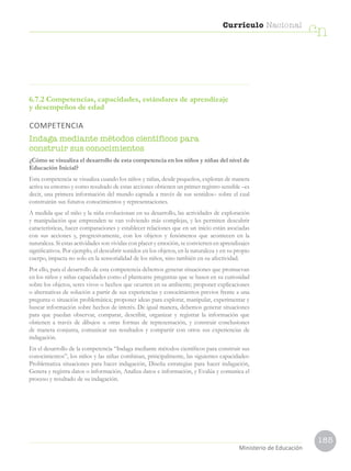 185
Currículo Nacional
cn
Ministerio de Educación
6.7.2 Competencias, capacidades, estándares de aprendizaje
y desempeños de edad
COMPETENCIA
Indaga mediante métodos científicos para
construir sus conocimientos
¿Cómo se visualiza el desarrollo de esta competencia en los niños y niñas del nivel de
Educación Inicial?
Esta competencia se visualiza cuando los niños y niñas, desde pequeños, exploran de manera
activa su entorno y como resultado de estas acciones obtienen un primer registro sensible –es
decir, una primera información del mundo captada a través de sus sentidos– sobre el cual
construirán sus futuros conocimientos y representaciones.
A medida que el niño y la niña evolucionan en su desarrollo, las actividades de exploración
y manipulación que emprenden se van volviendo más complejas, y les permiten descubrir
características, hacer comparaciones y establecer relaciones que en un inicio están asociadas
con sus acciones y, progresivamente, con los objetos y fenómenos que acontecen en la
naturaleza. Si estas actividades son vividas con placer y emoción, se convierten en aprendizajes
significativos. Por ejemplo, el descubrir sonidos en los objetos, en la naturaleza y en su propio
cuerpo, impacta no solo en la sensorialidad de los niños, sino también en su afectividad.
Por ello, para el desarrollo de esta competencia debemos generar situaciones que promuevan
en los niños y niñas capacidades como el plantearse preguntas que se basen en su curiosidad
sobre los objetos, seres vivos o hechos que ocurren en su ambiente; proponer explicaciones
o alternativas de solución a partir de sus experiencias y conocimientos previos frente a una
pregunta o situación problemática; proponer ideas para explorar, manipular, experimentar y
buscar información sobre hechos de interés. De igual manera, debemos generar situaciones
para que puedan observar, comparar, describir, organizar y registrar la información que
obtienen a través de dibujos u otras formas de representación, y construir conclusiones
de manera conjunta, comunicar sus resultados y compartir con otros sus experiencias de
indagación.
En el desarrollo de la competencia “Indaga mediante métodos científicos para construir sus
conocimientos”, los niños y las niñas combinan, principalmente, las siguientes capacidades:
Problematiza situaciones para hacer indagación, Diseña estrategias para hacer indagación,
Genera y registra datos o información, Analiza datos e información, y Evalúa y comunica el
proceso y resultado de su indagación.
 