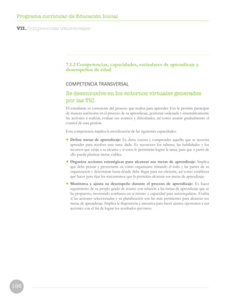 198
Programa curricular de Educación Inicial
VII. Competencias transversales
7.1.2 Competencias, capacidades, estándares de aprendizaje y
desempeños de edad
COMPETENCIA TRANSVERSAL
Se desenvuelve en los entornos virtuales generados
por las TIC.
El estudiante es consciente del proceso que realiza para aprender. Eso le permite participar
de manera autónoma en el proceso de su aprendizaje, gestionar ordenada y sistemáticamente
las acciones a realizar, evaluar sus avances y dificultades, así como asumir gradualmente el
control de esta gestión.
Esta competencia implica la movilización de las siguientes capacidades:
• Define metas de aprendizaje: Es darse cuenta y comprender aquello que se necesita
aprender para resolver una tarea dada. Es reconocer los saberes, las habilidades y los
recursos que están a su alcance y si estos le permitirán lograr la tarea, para que a partir de
ello pueda plantear metas viables.
• Organiza acciones estratégicas para alcanzar sus metas de aprendizaje: Implica
que debe pensar y proyectarse en cómo organizarse mirando el todo y las partes de su
organización y determinar hasta dónde debe llegar para ser eficiente, así como establecer
qué hacer para fijar los mecanismos que le permitan alcanzar sus metas de aprendizaje.
• Monitorea y ajusta su desempeño durante el proceso de aprendizaje: Es hacer
seguimiento de su propio grado de avance con relación a las metas de aprendizaje que se
ha propuesto, mostrando confianza en sí mismo y capacidad para autorregularse. Evalúa
si las acciones seleccionadas y su planificación son las más pertinentes para alcanzar sus
metas de aprendizaje. Implica la disposición e iniciativa para hacer ajustes oportunos a sus
acciones con el fin de lograr los resultados previstos.
 