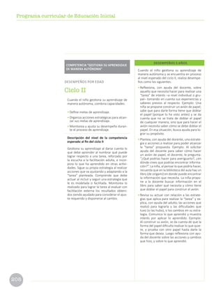 208
Programa curricular de Educación Inicial
Cuando el niño gestiona su aprendizaje de
manera autónoma y se encuentra en proceso
al nivel esperado del ciclo II, realiza desempe-
ños como los siguientes:
• Reflexiona, con ayuda del docente, sobre
aquello que necesita hacer para realizar una
“tarea” de interés –a nivel individual o gru-
pal– tomando en cuenta sus experiencias y
saberes previos al respecto. Ejemplo: Una
niña se propone construir un avión de papel;
sabe que para darle forma tiene que doblar
el papel (porque lo ha visto antes) y se da
cuenta que no se trata de doblar el papel
de cualquier manera, sino que para hacer el
avión necesita saber cómo se debe doblar el
papel. En esa situación, busca ayuda para lo-
grar su propósito.
• Plantea, con ayuda del docente, una estrate-
gia o acciones a realizar para poder alcanzar
la “tarea” propuesta. Ejemplo: Al solicitar
ayuda del docente para saber cómo hacer
un avión de papel, el docente, le pregunta:
“¿Qué podrías hacer para averiguarlo?, ¿en
dónde crees que podrías encontrar informa-
ción?”. La niña, al pensar lo que podría hacer,
recuerda que en la biblioteca del aula hay un
libro (de origami) en donde puede encontrar
la información que necesita. La niña propo-
ne a la docente buscar información en el
libro para saber qué necesita y cómo tiene
que doblar el papel para construir el avión.
• Revisa su actuar con relación a las estrate-
gias que aplica para realizar la “tarea” y ex-
plica, con ayuda del adulto, las acciones que
realizó para lograrla y las dificultades que
tuvo (si las hubo), o los cambios en su estra-
tegia. Comunica lo que aprendió y muestra
interés por aplicar lo aprendido. Ejemplo:
Al construir su avión, se da cuenta de que la
forma del papel dificulta realizar lo que quie-
re, y prueba con otro papel hasta darle la
forma que desea. Luego reflexiona con ayu-
da del docente sobre las acciones y cambios
que hizo, y sobre lo que aprendió.
DESEMPEÑOS 5 AÑOS
Cuando el niño gestiona su aprendizaje de
manera autónoma, combina capacidades:
• Define metas de aprendizaje.
• Organiza acciones estratégicas para alcan-
zar sus metas de aprendizaje.
• Monitorea y ajusta su desempeño duran-
te el proceso de aprendizaje.
Descripción del nivel de la competencia
esperado al fin del ciclo II
Gestiona su aprendizaje al darse cuenta lo
que debe aprender al nombrar qué puede
lograr respecto a una tarea, reforzado por
la escucha a la facilitación adulta, e incor-
pora lo que ha aprendido en otras activi-
dades. Sigue su propia estrategia al realizar
acciones que va ajustando y adaptando a la
“tarea” planteada. Comprende que debe
actuar al incluir y seguir una estrategia que
le es modelada o facilitada. Monitorea lo
realizado para lograr la tarea al evaluar con
facilitación externa los resultados obteni-
dos siendo ayudado para considerar el ajus-
te requerido y disponerse al cambio.
COMPETENCIA “GESTIONA SU APRENDIZAJE
DE MANERA AUTÓNOMA”
DESEMPEÑOS POR EDAD
Ciclo II
 