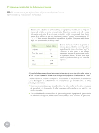 42
Programa curricular de Educación Inicial
¿En qué nivel de desarrollo de la competencia se encuentran los niños y las niñas? y
¿Cuán cerca o lejos están del estándar de aprendizaje y/o los desempeños de edad?
Esta información se obtiene al comparar el nivel esperado de los estándares de aprendizaje
y/o los desempeños de edad en relación con los aprendizajes que tienen los niños y las niñas;
para ello, se recomienda:
• Contrastar los aprendizajes que tienen los niños y las niñas con los niveles de los estándares
de aprendizaje y/o desempeños de edad para saber qué logran hacer con relación a los
niveles esperados.
• Esto permite identificar las necesidades de aprendizaje y plantear el propósito de aprendizaje en
un determinado tiempo, sin perder de vista el nivel esperado de los estándares de aprendizaje.
III. Orientaciones para planificar el proceso de enseñanza,
aprendizaje y evaluación formativa
El niño escribe, a partir de su hipótesis silábica, con el propósito de describir cómo es el leopardo
y desarrolla sus ideas en torno a sus características físicas: tiene manchas, nariz, cola y orejas,
información que proviene de su experiencia previa. Para escribir representa cada sílaba (partes
sonoras de las palabras) con una letra; por ejemplo, la palabra “leopardo” es representada por “l”,
“p” y “o”, letras que están distribuidas en cada sílaba de la palabra. El siguiente cuadro ilustra
mejor estas representaciones que realiza el niño:
Como se observa en el cuadro de la izquierda, el
niño usa algunas de las letras que corresponden a
cada sílaba de la palabra (excepto en “nariz”).
Asimismo, el niño conoce y usa algunas
convenciones básicas de la escritura, como escribir
de izquierda a derecha y de arriba hacia abajo
(linealidad y direccionalidad), y usar letras bien
definidas.
Palabra Hipótesis silábica
Leopardo l p o
Tiene (dos veces) t n
nariz A l
cola o l a
orejas OEA
 