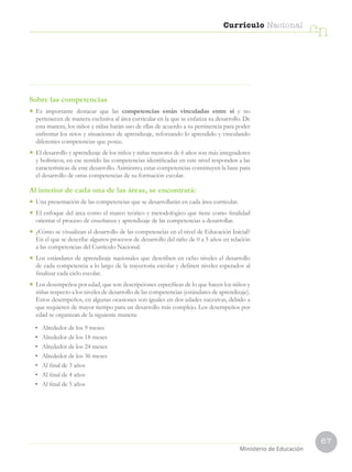 67
Currículo Nacional
cn
Ministerio de Educación
Sobre las competencias
• Es importante destacar que las competencias están vinculadas entre sí y no
pertenecen de manera exclusiva al área curricular en la que se enfatiza su desarrollo. De
esta manera, los niños y niñas harán uso de ellas de acuerdo a su pertinencia para poder
enfrentar los retos y situaciones de aprendizaje, reforzando lo aprendido y vinculando
diferentes competencias que posee.
• El desarrollo y aprendizaje de los niños y niñas menores de 6 años son más integradores
y holísticos, en ese sentido las competencias identificadas en este nivel responden a las
características de este desarrollo. Asimismo, estas competencias constituyen la base para
el desarrollo de otras competencias de su formación escolar.
Al interior de cada una de las áreas, se encontrará:
• Una presentación de las competencias que se desarrollarán en cada área curricular.
• El enfoque del área como el marco teórico y metodológico que tiene como finalidad
orientar el proceso de enseñanza y aprendizaje de las competencias a desarrollar.
• ¿Cómo se visualizan el desarrollo de las competencias en el nivel de Educación Inicial?
En el que se describe algunos procesos de desarrollo del niño de 0 a 5 años en relación
a las competencias del Currículo Nacional.
• Los estándares de aprendizaje nacionales que describen en ocho niveles el desarrollo
de cada competencia a lo largo de la trayectoria escolar y definen niveles esperados al
finalizar cada ciclo escolar.
• Los desempeños por edad, que son descripciones específicas de lo que hacen los niños y
niñas respecto a los niveles de desarrollo de las competencias (estándares de aprendizaje).
Estos desempeños, en algunas ocasiones son iguales en dos edades sucesivas, debido a
que requieren de mayor tiempo para un desarrollo más complejo. Los desempeños por
edad se organizan de la siguiente manera:
• Alrededor de los 9 meses
• Alrededor de los 18 meses
• Alrededor de los 24 meses
• Alrededor de los 36 meses
• Al final de 3 años
• Al final de 4 años
• Al final de 5 años
 