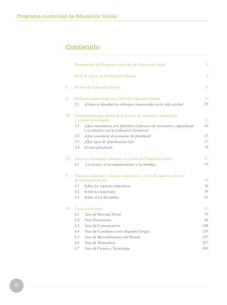 6
Programa curricular de Educación Inicial
Contenido
Presentación del Programa curricular de Educación Inicial  8
Perfil de egreso de la Educación Básica  9
I. El nivel de Educación Inicial  11
II. Enfoques transversales en el nivel de Educación Inicial  23
2.1 ¿Cómo se abordan los enfoques transversales en la vida escolar? 29
III. Orientaciones para planificar el proceso de enseñanza, aprendizaje
y evaluación formativa.  33
3.1 ¿Qué entendemos por planificar el proceso de enseñanza y aprendizaje 36
y su relación con la evaluación formativa?
3.2 ¿Qué considerar al momento de planificar? 37
3.3 ¿Qué tipos de planificación hay? 37
3.4 ¿Cómo planificar? 39
IV. Tutoría y orientación educativa en el nivel de Educación Inicial  47
4.1 La tutoría y el acompañamiento a las familias. 53
V. Espacios, materiales y recursos educativos y el rol del adulto en el nivel
de Educación Inicial  55
5.1 Sobre los espacios educativos. 58
5.2 Sobre los materiales. 59
5.3 Sobre el rol del adulto. 61
VI. Áreas curriculares  63
6.1 Área de Personal Social 70
6.2 Área Psicomotriz 96
6.3 Área de Comunicación 108
6.4 Área de Castellano como Segunda Lengua 139
6.5 Área de Descubrimiento del Mundo 147
6.6 Área de Matemática 167
6.7 Área de Ciencia y Tecnología 183
 