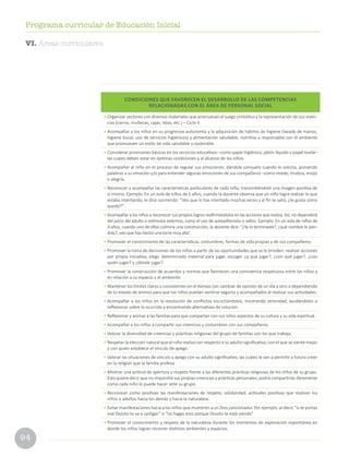 94
Programa curricular de Educación Inicial
CONDICIONES QUE FAVORECEN EL DESARROLLO DE LAS COMPETENCIAS
RELACIONADAS CON EL ÁREA DE PERSONAL SOCIAL
• Organizar sectores con diversos materiales que promuevan el juego simbólico y la representación de sus viven-
cias (carros, muñecas, cajas, telas, etc.) – Ciclo II.
• Acompañar a los niños en su progresiva autonomía y la adquisición de hábitos de higiene (lavado de manos,
higiene bucal, uso de servicios higiénicos) y alimentación saludable, nutritiva y responsable con el ambiente
que promueven un estilo de vida saludable y sostenible.
• Considerar provisiones básicas en los servicios educativos –como papel higiénico, jabón líquido y papel toalla–
las cuales deben estar en óptimas condiciones y al alcance de los niños.
• Acompañar al niño en el proceso de regular sus emociones: dándole consuelo cuando lo solicita, poniendo
palabras a su emoción y/o para entender algunas emociones de sus compañeros –como miedo, tristeza, enojo
o alegría.
• Reconocer y acompañar las características particulares de cada niño, transmitiéndole una imagen positiva de
sí mismo. Ejemplo: En un aula de niños de 5 años, cuando la docente observa que un niño logra realizar lo que
estaba intentando, le dice sonriendo: “Veo que lo has intentado muchas veces y al fin te salió, ¿te gusta cómo
quedó?”.
• Acompañar a los niños a reconocer sus propios logros reafirmándolos en las acciones que realiza. Así, no dependerá
del juicio del adulto o estímulos externos, como el uso de autoadhesivos o sellos. Ejemplo: En un aula de niños de
4 años, cuando uno de ellos culmina una construcción, la docente dice: “¿Ya lo terminaste?, ¿qué nombre le pon-
drás?, veo que has hecho una torre muy alta”.
• Promover el conocimiento de las características, costumbres, formas de vida propias y de sus compañeros.
• Promover la toma de decisiones de los niños a partir de las oportunidades que se le brinden: realizar acciones
por propia iniciativa, elegir determinado material para jugar, escoger ¿a qué jugar?, ¿con qué jugar?, ¿con
quién jugar? y ¿dónde jugar?
• Promover la construcción de acuerdos y normas que favorecen una convivencia respetuosa entre los niños y
en relación a su espacio y el ambiente.
• Mantener los límites claros y consistentes en el tiempo (sin cambiar de opinión de un día a otro o dependiendo
de tu estado de ánimo) para que los niños puedan sentirse seguros y acompañados al realizar sus actividades.
• Acompañar a los niños en la resolución de conflictos escuchándolos, mostrando serenidad, ayudándolos a
reflexionar sobre lo ocurrido y encontrando alternativas de solución.
• Reflexionar y animar a las familias para que compartan con sus niños aspectos de su cultura y su vida espiritual.
• Acompañar a los niños a compartir sus creencias y costumbres con sus compañeros.
• Valorar la diversidad de creencias y prácticas religiosas del grupo de familias con los que trabaja.
• Respetar la elección natural que el niño realiza con respecto a su adulto significativo, con el que se siente mejor
y con quien establece el vínculo de apego.
• Valorar las situaciones de vínculo y apego con su adulto significativo, las cuales le van a permitir a futuro creer
en la religión que la familia profesa.
• Mostrar una actitud de apertura y respeto frente a las diferentes prácticas religiosas de los niños de su grupo.
Esto quiere decir que no impondrá sus propias creencias y prácticas personales, podrá compartirlas libremente
como cada niño lo puede hacer ante su grupo.
• Reconocer como positivas las manifestaciones de respeto, solidaridad, actitudes positivas que realizan los
niños o adultos hacia los demás y hacia la naturaleza.
• Evitar manifestaciones hacia a los niños que muestren a un Dios sancionador. Por ejemplo, al decir, “si te portas
mal Diosito te va a castigar” o “no hagas esto porque Diosito te está viendo”
• Promover el conocimiento y respeto de la naturaleza durante los momentos de exploración espontánea en
donde los niños logran recorrer distintos ambientes y espacios.
VI. Áreas curriculares
 