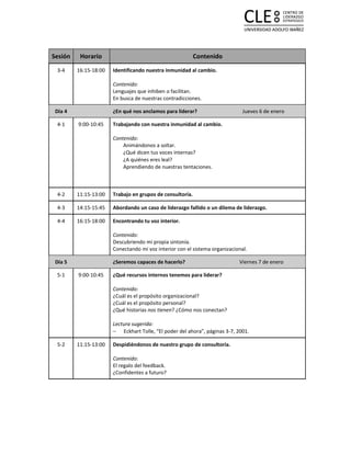 Sesión    Horario                                          Contenido
 3-4     16:15-18:00   Identificando nuestra inmunidad al cambio.

                       Contenido:
                       Lenguajes que inhiben o facilitan.
                       En busca de nuestras contradicciones.

 Día 4                 ¿En qué nos anclamos para liderar?                     Jueves 6 de enero

 4-1     9:00-10:45    Trabajando con nuestra inmunidad al cambio.

                       Contenido:
                           Animándonos a soltar.
                           ¿Qué dicen tus voces internas?
                           ¿A quiénes eres leal?
                           Aprendiendo de nuestras tentaciones.



 4-2     11:15-13:00   Trabajo en grupos de consultoría.

 4-3     14:15-15:45   Abordando un caso de liderazgo fallido o un dilema de liderazgo.

 4-4     16:15-18:00   Encontrando tu voz interior.

                       Contenido:
                       Descubriendo mi propia sintonía.
                       Conectando mi voz interior con el sistema organizacional.

 Día 5                 ¿Seremos capaces de hacerlo?                         Viernes 7 de enero

 5-1     9:00-10:45    ¿Qué recursos internos tenemos para liderar?

                       Contenido:
                       ¿Cuál es el propósito organizacional?
                       ¿Cuál es el propósito personal?
                       ¿Qué historias nos tienen? ¿Cómo nos conectan?

                       Lectura sugerida:
                       − Eckhart Tolle, “El poder del ahora”, páginas 3-7, 2001.

 5-2     11:15-13:00   Despidiéndonos de nuestro grupo de consultoría.

                       Contenido:
                       El regalo del feedback.
                       ¿Confidentes a futuro?
 