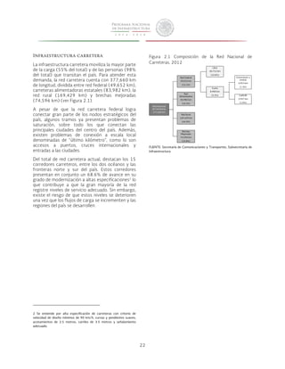 22 
Infraestructura carretera 
La infraestructura carretera moviliza la mayor parte 
de la carga (55% del total) y de las personas (98% 
del total) que transitan el país. Para atender esta 
demanda, la red carretera cuenta con 377,660 km 
de longitud, dividida entre red federal (49,652 km), 
carreteras alimentadoras estatales (83,982 km), la 
red rural (169,429 km) y brechas mejoradas 
(74,596 km) (ver Figura 2.1). 
A pesar de que la red carretera federal logra 
conectar gran parte de los nodos estratégicos del 
país, algunos tramos ya presentan problemas de 
saturación, sobre todo los que conectan las 
principales ciudades del centro del país. Además, 
existen problemas de conexión a escala local 
denominadas de “último kilómetro”, como lo son 
accesos a puertos, cruces internacionales y 
entradas a las ciudades. 
Del total de red carretera actual, destacan los 15 
corredores carreteros, entre los dos océanos y las 
fronteras norte y sur del país. Estos corredores 
presentan en conjunto un 68.6% de avance en su 
grado de modernización a altas especificaciones2 lo 
que contribuye a que la gran mayoría de la red 
registre niveles de servicio adecuado. Sin embargo, 
existe el riesgo de que estos niveles se deterioren 
una vez que los flujos de carga se incrementen y las 
regiones del país se desarrollen. 
2 Se entiende por alta especificación de carreteras con criterio de 
velocidad de diseño mínimos de 90 km/h, curvas y pendientes suaves, 
acotamientos de 2.5 metros, carriles de 3.5 metros y señalamiento 
adecuado. 
Figura 2.1 Composición de la Red Nacional de 
Carreteras, 2012 
Red Nacional 
de Carreteras 
377,660 km 
Red Federal 
49,652 km 
(13.1%) 
Red 
Alimentadora 
83,982 km 
(22.2%) 
Red Rural 
169,429 km 
(44.9%) 
Libre 
40,752 km 
(10.8%) 
Cuota 
8,900 km 
(2.3%) 
Concesiones y 
estatal 
4,953 km 
(1.3%) 
CAPUFE 
3,947 km 
(1.0%) 
Brechas 
Mejoradas 
74,596 km 
(19.8%) 
FUENTE: Secretaría de Comunicaciones y Transportes, Subsecretaría de 
Infraestructura. 
 