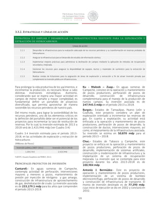 59 
3.3.2. Estrategias y líneas de acción 
Estrategia 2.1 Ampliar y desarrollar la infraestructura existente para la exploración y 
extracción de hidrocarburos. 
Líneas de acción 
2.1.1 Desarrollar la infraestructura para la evaluación adecuada de los recursos petroleros y su transformación en reservas probadas de 
hidrocarburos. 
2.1.2 Asegurar la infraestructura para el desarrollo de estudios de información sísmica. 
2.1.3 Implementar mejores prácticas para administrar la declinación de campos mediante la aplicación de métodos de recuperación 
secundaria y mejorada. 
2.1.4 Gestionar los recursos para asegurar la disponibilidad de equipos, ductos y materiales de suministro para la extracción de 
hidrocarburos. 
2.1.5 Realizar rondas de licitaciones para la asignación de áreas de exploración y extracción a fin de atraer inversión privada que 
complemente la inversión pública en infraestructura. 
Para prolongar la vida productiva de los yacimientos, e 
incrementar la producción, es necesario llevar a cabo 
distintas inversiones estratégicas. Asimismo, 
considerando que se espera una mayor actividad en 
campos de menor tamaño y mayor complejidad; es 
fundamental definir un portafolio de proyectos 
diversificado, que permita aprovechar de manera 
sostenible los recursos petroleros de nuestro país. 
Del mismo modo, para lograr la sostenibilidad de los 
recursos petroleros, uno de los elementos críticos en 
la definición del portafolio debe ser el potencial de los 
proyectos para incrementar la tasa de restitución de 
reservas. Por lo cual, la inversión estimada de 2013 a 
2018 será de 2,425,946 mdp (ver Cuadro 3.4) 
Cuadro 3.4 Inversión estimada para el periodo 2013- 
2018, en las actividades de exploración y extracción de 
hidrocarburos 
(Millones de Pesos) 
Inversión pública 2007-2012 Inversión 2013-2018 
1,303,763 2,425,946 
FUENTE: Anuario Estadístico de PEMEX, 2013. 
Principales proyectos de inversión 
Cantarell.- En aguas someras de Campeche, 
contempla actividad de perforación, intervenciones 
mayores y menores a pozos, mantenimiento de 
presión por inyección de nitrógeno y gas amargo, 
construcción de infraestructura de aprovechamiento 
de gas, deshidratación de crudo. La inversión asociada 
es de 233,179.1 mdp para los años que comprenden 
el periodo 2013-2018. 
Ku - Maloob – Zaap.- En aguas someras de 
Campeche, consiste en la operación y mantenimiento 
de pozos productores, perforación de pozos de 
desarrollo, construcción de infraestructura 
complementaria para el manejo de la producción de 
nuevos campos. Su inversión asociada es de 
247,945.5 mdp en el periodo 2013 a 2018. 
Burgos.- Estados de Tamaulipas, Nuevo León y 
Coahuila, este proyecto considera un plan de 
exploración orientado a incrementar las reservas de 
gas. En cuanto a explotación, su actividad está 
enfocada a la operación y mantenimiento de pozos 
productores, perforación de pozos de desarrollo, la 
construcción de ductos, intervenciones mayores; así 
como, el mejoramiento de la infraestructura asociada. 
Su inversión se estima en 50,870 mdp para el 
periodo 2013 – 2018. 
Chuc.- Estados de Tabasco y Campeche, este 
proyecto se enfoca en la operación y mantenimiento 
de pozos productores, perforación de pozos de 
desarrollo, implementación de sistemas artificiales, 
construcción y modernización de infraestructura y la 
implantación de un sistema de recuperación 
mejorada. La inversión que se contempla para este 
proyecto durante los años 2013-2018 es de 
100,984 mdp. 
Antonio J. Bermúdez.- Este es proyecto de 
operación y mantenimiento de pozos productores, 
implementación de un sistema de bombeo 
electrocentrífugo, perforación de pozos de desarrollo 
y construcción de infraestructura de transporte. El 
monto de inversión destinado es de 77,290 mdp, 
cuyo inicio de ejecución se dio en 2002 y concluirá en 
2032. 
 