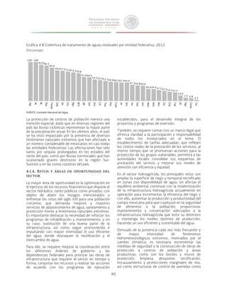 Gráfica 4.8 Cobertura de tratamiento de aguas residuales por entidad federativa, 2012 
(Porcentaje) 
90 
FUENTE: Comisión Nacional del Agua. 
La protección de centros de población merece una 
mención especial, dado que en diversas regiones del 
país las lluvias ciclónicas representan la mayor parte 
de la precipitación anual. En los últimos años, el país 
se ha visto impactado por la presencia de diversos 
fenómenos naturales extremos que han afectado a 
un número considerable de mexicanos en casi todas 
las entidades federativas. Las afectaciones han sido 
tanto por sequías prolongadas en los estados del 
norte del país, como por lluvias torrenciales que han 
ocasionado graves destrozos en la región Sur- 
Sureste y en las zonas costeras del país. 
4.1.4. Retos y áreas de oportunidad del 
sector 
La mayor área de oportunidad es la optimización en 
el ejercicio de los recursos financieros que dispone el 
sector hidráulico, tanto públicos como privados, con 
objeto de abatir los rezagos mencionados y 
enfrentar los retos del siglo XXI para una población 
creciente, que demanda mejores y mayores 
servicios de abastecimiento de agua, saneamiento y 
protección frente a fenómenos naturales extremos. 
Es importante destacar la necesidad de reforzar los 
programas de rehabilitación y mantenimiento, y en 
su caso, sustitución de una buena parte de la 
infraestructura, así como seguir promoviendo e 
impulsando con mayor intensidad el uso eficiente 
del agua, donde destaquen la reutilización y el 
intercambio de agua. 
Para ello, se requiere mejorar la coordinación entre 
los diferentes órdenes de gobierno y las 
dependencias federales para priorizar las obras de 
infraestructura que requiere el sector en tiempo y 
forma, conjuntar los recursos y realizar las acciones 
de acuerdo con los programas de ejecución 
establecidos, para el desarrollo integral de los 
proyectos y programas de inversión. 
También, se requiere contar con un marco legal que 
ofrezca claridad a la participación y responsabilidad 
de todos los involucrados en el tema. El 
establecimiento de tarifas adecuadas, que reflejen 
los costos reales de la prestación de los servicios, al 
mismo tiempo que se promuevan acciones para la 
protección de los grupos vulnerables, permitirá a las 
autoridades locales consolidar sus esquemas de 
prestación del servicio y mejorar sus niveles de 
atención con eficiencia y equidad. 
En el sector hidroagrícola, los principales retos son 
ampliar la superficie de riego y temporal tecnificado 
en zonas con disponibilidad de agua, sin afectar el 
equilibrio ambiental, continuar con la modernización 
de la infraestructura hidroagrícola actualmente en 
operación para incrementar la eficiencia del riego y 
con ello, aumentar la producción y productividad del 
campo mexicano para que coadyuve en la seguridad 
de alimentos a la población; proporcionar 
mantenimiento y conservación adecuados a la 
infraestructura hidroagrícola que evite su deterioro 
y mantenga los niveles óptimos de producción, 
haciendo un uso eficiente y sustentable del agua. 
Derivado de la presencia cada vez más frecuente y 
de mayor intensidad de fenómenos 
hidrometeorológicos extremos, motivados por el 
cambio climático, es necesario incrementar las 
medidas de seguridad y la construcción de obras de 
protección a centros de población y áreas 
productivas, como son los bordos y muros de 
protección, limpieza, desazolve, rectificación, 
encauzamiento y protecciones marginales de ríos, 
así como estructuras de control de avenidas como 
100 100 
93.090.7 
85.6 
78.077.375.073.270.8 
61.660.5 
54.753.351.349.048.247.346.9 
41.339.839.0 
30.429.927.525.523.121.5 
14.0 
7.9 6.8 
2.7 
Ags 
NL 
BC 
Nay 
Tamps 
Chih 
Sin 
Gro 
Dgo 
BCS 
QR 
SLP 
Gto 
Col 
Tlax 
Pue 
Coah 
Jal 
Qro 
Ver. 
Oax 
Son 
Mich 
Méx 
Mor 
Zac 
Chis 
Tab 
DF 
Hgo 
Camp 
Yuc 
 