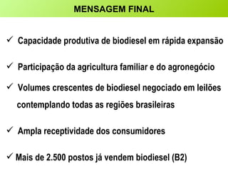 Capacidade produtiva de biodiesel em rápida expansão Participação da agricultura familiar e do agronegócio   Volumes crescentes de biodiesel negociado em leilões   contemplando todas as regiões brasileiras Ampla receptividade dos consumidores Mais de 2.500 postos já vendem biodiesel (B2) MENSAGEM FINAL 