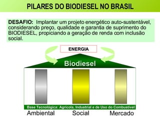 DESAFIO :  Implantar um projeto  energético  auto-sustentável, considerando preço, qualidade e garantia de suprimento do  BIODIESEL , propiciando a geração de renda com inclusão social.  S ocial Ambiental Mercado Biodiesel ENERGIA PILARES DO BIODIESEL NO BRASIL Base Tecnológica: Agrícola, Industrial e de Uso do Combustível 