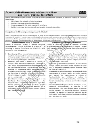 Competencia Diseñay construye soluciones tecnológicas CICLO III
para resolver problemas de suentorno
Cuando el estudiante Diseña y construye soluciones tecnológicas para resolver problemas de su entorno combina las siguientes
capacidades:
Delimita una alternativa desolución tecnológica
Diseña la alternativadesolución tecnológica
Implementa y valida alternativasdesolución tecnológica
Evalúa y comunica el funcionamiento de la alternativa desolución tecnológica
Descripción del nivel de la competencia esperada al fin del ciclo III
Diseña y construye soluciones tecnológicas al establecer las causas de un problema tecnológico y proponer alternativas de solución, representa
una, incluyendo las partes, a través de esquemas odibujos ydescribe la secuencia de pasos para implementarla, usandoherramientasymateriales
seleccionados. Realiza ajustes en el proceso de construcción de la solución tecnológica. Describe el procedimiento y beneficios de la solución
tecnológica, evalúa su funcionamiento según los requerimientos establecidos, y propone mejoras.
Desempeños PRIMER GRADO DE PRIMARIA
Cuando el estudiante “Diseña y construye soluciones
tecnológicas para resolver problemas de su entorno” y se
encuentra en proceso al nivel esperado del ciclo III realiza
desempeños como los siguientes:
Describe un problema personal o de su entorno, así como
su alternativa desolución en basea conocimientos previos
o practicaslocales, los requerimientos que debe cumplir y
los recursos disponibles para construirlo.
Representa gráficamente su alternativa de solución con
dibujos y textos, describelo que hará para construirla.
Lleva a cabo el procedimiento para la implementación de
su alternativa de solución y realiza ensayos hasta que
funcione. Usa unidades de medida no convencionales y
prueba los materiales que lo ayuden en la construcción de
su alternativa de solución, selecciona instrumentos y
herramientas que lo ayuden a elaborarla, cumpliendo las
normas de seguridad.
Describe cómo construyo su solución tecnológica, su uso,
beneficios, funcionamiento, en relación a los
requerimientos y los conocimientos previos o prácticas
locales aplicadas, las dificultades que tuvo y propone
mejoras. Por ejemplo: el estudiante menciona que al
instrumento musical que construyó le cambiaría las pitas
para que suene más fuerte
Desempeños SEGUNDO GRADO DE PRIMARIA
Cuando el estudiante “Diseña y construye soluciones
tecnológicas para resolver problemas de su entorno” y logra el
nivel esperado del ciclo III realiza desempeños como los
siguientes:
Describe un problema personal o de su entorno y las
posibles causasque lo generan, así como su alternativa de
solución en base a conocimientos previos o practicas
locales,losrequerimientos quedebe cumplir y los recursos
disponibles para construirlo.
Representa gráficamente su alternativa de solución con
dibujos y textos, describe sus partes, secuencia de pasos
para su implementación y selecciona los materiales según
las características físicas.
Lleva a cabo el procedimiento para la implementación de
su alternativa de solución y explica los cambios o ajustes
para cumplir los requerimientos o mejorar el
funcionamiento. Usa unidades de medida no
convencionales y manipula materiales, instrumentos y
herramientas según sus funciones, cumpliendo normas de
seguridad.
Describe cómo construyo su solución tecnológica, su uso,
beneficios, funcionamiento, en relación a los
requerimientos y los conocimientos previos o prácticas
locales aplicadas, las dificultades que tuvo y propone
mejoras. Por ejemplo: el estudiante menciona que al
instrumento musical que construyó le cambiaría las pitas
para que suene más fuerte.
178
 