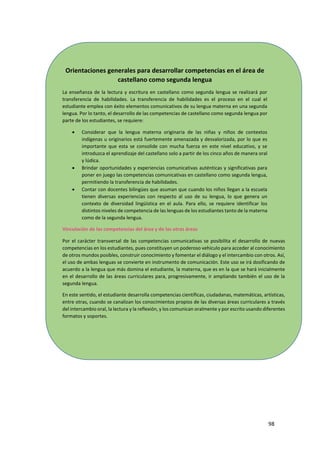 98
Orientaciones generales para desarrollar competencias en el área de
castellano como segunda lengua
La enseñanza de la lectura y escritura en castellano como segunda lengua se realizará por
transferencia de habilidades. La transferencia de habilidades es el proceso en el cual el
estudiante emplea con éxito elementos comunicativos de su lengua materna en una segunda
lengua. Por lo tanto, el desarrollo de las competencias de castellano como segunda lengua por
parte de los estudiantes, se requiere:
 Considerar que la lengua materna originaria de las niñas y niños de contextos
indígenas u originarios está fuertemente amenazada y desvalorizada, por lo que es
importante que esta se consolide con mucha fuerza en este nivel educativo, y se
introduzca el aprendizaje del castellano solo a partir de los cinco años de manera oral
y lúdica.
 Brindar oportunidades y experiencias comunicativas auténticas y significativas para
poner en juego las competencias comunicativas en castellano como segunda lengua,
permitiendo la transferencia de habilidades.
 Contar con docentes bilingües que asuman que cuando los niños llegan a la escuela
tienen diversas experiencias con respecto al uso de su lengua, lo que genera un
contexto de diversidad lingüística en el aula. Para ello, se requiere identificar los
distintos niveles de competencia de las lenguas de los estudiantes tanto de la materna
como de la segunda lengua.
Vinculación de las competencias del área y de las otras áreas
Por el carácter transversal de las competencias comunicativas se posibilita el desarrollo de nuevas
competencias en los estudiantes, pues constituyen un poderoso vehículo para acceder al conocimiento
de otros mundos posibles, construir conocimiento y fomentar el diálogo y el intercambio con otros. Así,
el uso de ambas lenguas se convierte en instrumento de comunicación. Este uso se irá dosificando de
acuerdo a la lengua que más domina el estudiante, la materna, que es en la que se hará inicialmente
en el desarrollo de las áreas curriculares para, progresivamente, ir ampliando también el uso de la
segunda lengua.
En este sentido, el estudiante desarrolla competencias científicas, ciudadanas, matemáticas, artísticas,
entre otras, cuando se canalizan los conocimientos propios de las diversas áreas curriculares a través
del intercambio oral, la lectura y la reflexión, y los comunican oralmente y por escrito usando diferentes
formatos y soportes.
 