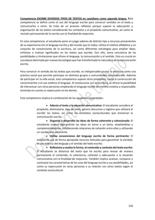 110
Competencia ESCRIBE DIVERSOS TIPOS DE TEXTOS en castellano como segunda lengua. Esta
competencia se define como el uso del lenguaje escrito para construir sentidos en el texto y
comunicarlos a otros. Se trata de un proceso reflexivo porque supone la adecuación y
organización de los textos considerando los contextos y el propósito comunicativo, así como la
revisión permanente de lo escrito con la finalidad de mejorarlo.
En esta competencia, el estudiante pone en juego saberes de distinto tipo y recursos provenientes
de su experiencia con el lenguaje escrito y del mundo que lo rodea. Utiliza el sistema alfabético y un
conjunto de convenciones de la escritura, así como diferentes estrategias para ampliar ideas,
enfatizar o matizar significados en los textos que escribe. Con ello, toma conciencia de las
posibilidades y limitaciones que ofrece el lenguaje, la comunicación y el sentido. Esto es crucial en
una época dominada por nuevas tecnologías que han transformado la naturaleza de la comunicación
escrita.
Para construir el sentido de los textos que escribe, es indispensable asumir la escritura como una
práctica social que permite participar en distintos grupos o comunidades socioculturales. Además
de participar en la vida social, esta competencia supone otros propósitos, como la construcción de
conocimientos o el uso estético el lenguaje. Al involucrarse con la escritura, se ofrece la posibilidad
de interactuar con otras personas empleando el lenguaje escrito de manera creativa y responsable,
teniendo en cuenta su repercusión en los demás.
Esta competencia implica la combinación de las siguientes capacidades:
 Adecúa el texto a la situación comunicativa: El estudiante considera el
propósito, destinatario, tipo de texto, género discursivo y registro que utilizará al
escribir los textos, así como los contextos socioculturales que enmarcan la
comunicación escrita.
 Organiza y desarrolla las ideas de forma coherente y cohesionada: El
estudiante ordena lógicamente las ideas en torno a un tema, ampliándolas y
complementándolas, estableciendo relaciones de cohesión entre ellas y utilizando
un vocabulario pertinente.
 Utiliza convenciones del lenguaje escrito de forma pertinente: El
estudiante usa de forma apropiada recursos textuales para garantizar la claridad,
el uso estético del lenguaje y el sentido del texto escrito.
 Reflexiona y evalúa la forma, el contenido y contexto del texto escrito:
El estudiante se distancia del texto que ha escrito para revisar de manera
permanente el contenido, la coherencia, cohesión y adecuación a la situación
comunicativa con la finalidad de mejorarlo. También implica analizar, comparar y
contrastar las características de los usos del lenguaje escrito y sus posibilidades, así
como su repercusión en otras personas o su relación con otros textos según el
contexto sociocultural.
 