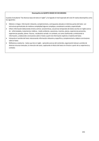 131
Desempeños de QUINTO GRADO DE SECUNDARIA
Cuando el estudiante “lee diversos tipos de texto en inglés” y ha logrado el nivel esperado del ciclo VII realiza desempeños como
los siguientes:
 Obtiene e integra información relevante, complementaria, contrapuesta ubicada en distintas partes del texto con
estructuras gramaticales de mediana complejidad algunas complejas y vocabulario variado y especializado
 Infiere información deduciendo el tema central, características, secuencias temporales de textos escritos en inglés acerca
de enfermedades, tratamientos médicos, medio ambiente, vacaciones, inventos, planes, experiencias presentes,
experiencias pasadas, planes futuros; vocabulario variado en contexto, así como clasificando y sintetizando la
información, y elaborando conclusiones sobre el texto a partir de información explícita e implícita del texto.
 Interpreta el sentido del texto relacionando información relevante y específica y complementaria, elabora conclusiones
sobre el texto
 Reflexiona y evalúa los textos que lee en inglés opinando acercas del contenido, organización textual y sentido de
diversos recursos textuales, la intención del autor, explicando el efecto del texto en el lector a partir de su experiencia y
contexto.
 