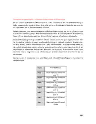 140
Competencias, capacidades y estándares de aprendizaje de Matemática
En esta sección se ofrecen las definiciones de las cuatro competencias del área de Matemática que
todos los estudiantes peruanos deben desarrollar a lo largo de su trayectoria escolar, así como de
las capacidades que se combinan en esta actuación.
Cada competencia viene acompañada de sus estándares de aprendizaje que son los referentes para
la evaluación formativa, porque describen niveles de desarrollo de cada competencia desde el inicio
hasta el fin de la escolaridad, y porque definen el nivel esperado al finalizar un ciclo escolar.
Los estándares de aprendizaje constituyen criterios precisos y comunes para reportar no solo si se
ha alcanzado el estándar, sino para señalar cuán lejos o cerca está cada estudiante de alcanzarlo.
De esta manera ofrecen información valiosa para retroalimentar a los estudiantes sobre su
aprendizaje y ayudarlos a avanzar, así como, para adecuar la enseñanza a los requerimientos de las
necesidades de aprendizaje identificadas. Asimismo, los estándares de aprendizaje sirven como
referente para la programación de actividades que permitan desarrollar competencias de los
estudiantes.
La organización de los estándares de aprendizajes en la Educación Básica Regular se muestra en la
siguiente tabla:
Nivel 8 Nivel destacado
Nivel 7 Nivel esperado al final del
ciclo VII
Nivel 6 Nivel esperado al final del
ciclo VI
Nivel 5 Nivel esperado al final del
ciclo V
Nivel 4 Nivel esperado al final del
ciclo IV
Nivel 3 Nivel esperado al final del
ciclo III
Nivel 2 Nivel esperado al final del
ciclo II
Nivel 1 Nivel esperado al final del
ciclo I
 