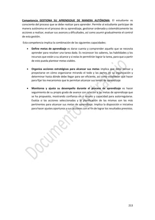 213
Competencia GESTIONA SU APRENDIZAJE DE MANERA AUTÓNOMA. El estudiante es
consciente del proceso que se debe realizar para aprender. Permite al estudiante participar de
manera autónoma en el proceso de su aprendizaje, gestionar ordenada y sistemáticamente las
acciones a realizar, evaluar sus avances y dificultades, así como asumir gradualmente el control
de esta gestión.
Esta competencia implica la combinación de las siguientes capacidades:
 Define metas de aprendizaje es darse cuenta y comprender aquello que se necesita
aprender para resolver una tarea dada. Es reconocer los saberes, las habilidades y los
recursos que están a su alcance y si estas le permitirán lograr la tarea, para que a partir
de esto pueda plantear metas viables.
 Organiza acciones estratégicas para alcanzar sus metas implica que debe pensar y
proyectarse en cómo organizarse mirando el todo y las partes de su organización y
determinar hasta dónde debe llegar para ser eficiente, así como establecer qué hacer
para fijar los mecanismos que le permitan alcanzar sus temas de aprendizaje
 Monitorea y ajusta su desempeño durante el proceso de aprendizaje es hacer
seguimiento de su propio grado de avance con relación a las metas de aprendizaje que
se ha propuesto, mostrando confianza en sí mismo y capacidad para autorregularse.
Evalúa si las acciones seleccionadas y la planificación de las mismas son las más
pertinentes para alcanzar sus metas de aprendizaje. Implica la disposición e iniciativa
para hacer ajustes oportunos a sus acciones con el fin de lograr los resultados previstos.
 