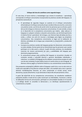 96
Enfoque del área de castellano como segunda lengua
En esta área, el marco teórico y metodológico que orienta la enseñanza – aprendizaje
corresponde al enfoque comunicativo incorporando las prácticas sociales del lenguaje y la
perspectiva sociocultural.
 El aprendizaje de segundas lenguas se sustenta en el enfoque comunicativo
alimentado por el enfoque sociocultural que concibe el discurso escrito u oral como
una práctica social, una forma de acción entre las personas que se articula a partir
del uso de la lengua en diversas situaciones comunicativas. En este sentido, se basa
en el desarrollo de la competencia comunicativa que implica saber adecuar el
lenguaje en cualquier contexto o situación comunicativa, usar de forma pertinente
el sistema formal –gramatical- de la lengua, usar diversos tipos de textos escritos y
orales, y utilizar una serie de recursos y estrategias para lograr sus propósitos
comunicativos. Esta competencia comunicativa se logra con la realización de
distintas actividades de la lengua que comprenden la comprensión y producción
oral y escrita.
 Incorpora las prácticas sociales del lenguaje porque las situaciones comunicativas
no están aisladas, forman parte de las interacciones que las personan usan cuando
participan en la vida social y cultural. A partir de estas prácticas, los estudiantes
vivencian de manera permanente los usos y posibilidades del lenguaje para
dominarlo progresivamente.
 Es sociocultural porque estas prácticas del lenguaje se encuentran situadas en
contextos sociales y culturales diversos y generan identidades individuales y
colectivas. La oralidad y el lenguaje escrito adoptan características propias en cada
uno de esos contextos, lo que implica tomar en cuenta cómo se usa el lenguaje en
diversas culturas según su momento histórico y sus características socioculturales.
Esta propuesta contempla la reflexión sobre el lenguaje a partir de su uso no solo como un
medio para aprender en los diversos campos del saber, sino también para crear o apreciar
distintas manifestaciones literarias, así como comprender el mundo actual, tomar
decisiones y actuar éticamente, lo que demanda el desarrollo del pensamiento crítico.
A partir del desarrollo de las competencias comunicativas, los estudiantes establecen
relaciones sociales a través de las cuales construyen sus identidades, reconocen y valoran
las diferentes formas de comunicación, participan en comunidades basadas en el acuerdo
y el diálogo donde se consolida la democracia y se distribuye equitativamente el
conocimiento y el poder.
 