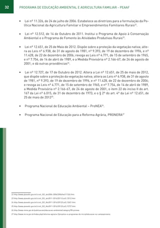 32 PROGRAMA DE EDUCAÇÃO AMBIENTAL E AGRICULTURA FAMILIAR - PEAAF
• Lei nº 11.326, de 24 de julho de 2006. Estabelece as diretrizes para a formulação da Po-
lítica Nacional da Agricultura Familiar e Empreendimentos Familiares Rurais22
.
• Lei nº 12.512, de 14 de Outubro de 2011. Institui o Programa de Apoio à Conservação
Ambiental e o Programa de Fomento às Atividades Produtivas Rurais23
.
• Lei nº 12.651, de 25 de Maio de 2012. Dispõe sobre a proteção da vegetação nativa; alte-
ra as Leis nº 6.938, de 31 de agosto de 1981, nº 9.393, de 19 de dezembro de 1996, e nº
11.428, de 22 de dezembro de 2006; revoga as Leis nº 4.771, de 15 de setembro de 1965,
e nº 7.754, de 14 de abril de 1989, e a Medida Provisória nº 2.166-67, de 24 de agosto de
2001; e dá outras providências24
.
• Lei nº 12.727, de 17 de Outubro de 2012. Altera a Lei nº 12.651, de 25 de maio de 2012,
que dispõe sobre a proteção da vegetação nativa; altera as Leis nº 6.938, de 31 de agosto
de 1981, nº 9.393, de 19 de dezembro de 1996, e nº 11.428, de 22 de dezembro de 2006;
e revoga as Leis nº 4.771, de 15 de setembro de 1965, e nº 7.754, de 14 de abril de 1989,
a Medida Provisória nº 2.166-67, de 24 de agosto de 2001, o item 22 do inciso II do art.
167 da Lei nº 6.015, de 31 de dezembro de 1973, e o § 2º do art. 4º da Lei nº 12.651, de
25 de maio de 201225
.
• Programa Nacional de Educação Ambiental – ProNEA26
.
• Programa Nacional de Educação para a Reforma Agrária, PRONERA27
22 http://www.planalto.gov.br/ccivil_03/_ato2004-2006/2006/lei/l11326.htm
23 http://www.planalto.gov.br/ccivil_03/_ato2011-2014/2011/Lei/L12512.htm
24 http://www.planalto.gov.br/ccivil_03/_Ato2011-2014/2012/Lei/L12651.htm
25 http://www.planalto.gov.br/ccivil_03/_Ato2011-2014/2012/Lei/L12727.htm
26 http://www.mma.gov.br/publicacoes/educacao-ambiental/category/98-pronea
27 http://www.incra.gov.br/index.php/reforma-agraria-2/projetos-e-programas-do-incra/educacao-no-campopronera
01 - PROGRAMA DE EDUCAÇÃO.indd 32 19/02/2015 16:02:16
 