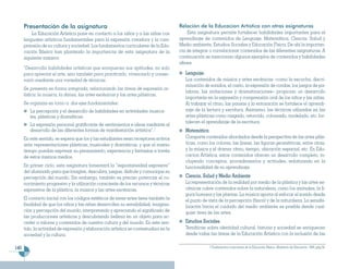 Presentación de la asignatura                                                    Relación de la Educacion Artística con otras asignaturas
          La Educación Artística pone en contacto a los niños y a las niñas con            Esta asignatura permite fortalecer habilidades importantes para el
      lenguajes artísticos fundamentales para la expresión creadora y la com-          aprendizaje de contenidos de Lenguaje, Matemática, Ciencia, Salud y
      prensión de su cultura y sociedad. Los fundamentos curriculares de la Edu-       Medio ambiente, Estudios Sociales y Educación Física. De ahí la importan-
      cación Básica han planteado la importancia de esta asignatura de la              cia de integrar o correlacionar contenidos de las diferentes asignaturas. A
      siguiente manera:                                                                continuación se mencionan algunos ejemplos de contenidos y habilidades
                                                                                       afines:
      “Desarrolla habilidades artísticas que enriquecen sus aptitudes, no solo
      para apreciar el arte, sino también para practicarlo, vivenciarlo y conser-         Lenguaje.
      varlo mediante una variedad de técnicas.        .                                   Los contenidos de música y artes escénicas –como la escucha, discri-
                                                                                          minación de sonidos, el canto, la expresión de rondas, los juegos de pa-
      Se presenta en forma integrada, relacionando las áreas de expresión ar-
                                                                                          labras, las imitaciones y dramatizaciones– propician un desarrollo
      tística: la música, la danza, las artes escénicas y las artes plásticas.
                                                                                          importante en la expresión y comprensión oral de los niños y las niñas.
      Se organiza en torno a dos ejes fundamentales:                                      Al trabajar el ritmo, las pausas y la entonación se fortalece el aprendi-
         La percepción y el desarrollo de habilidades en actividades musica-              zaje de la lectura y escritura. Asimismo, las técnicas utilizadas en las
         les, plásticas y dramáticas.                                                     artes plásticas como rasgado, retorcido, coloreado, modelado, etc. for-
                                                                                          talecen el aprendizaje de la escritura.
         La expresión personal gratificante de sentimientos e ideas mediante el
         desarrollo de las diferentes formas de manifestación artística”.1                Matemática.
      En este sentido, se espera que los y las estudiantes sean receptores activos        Comparte contenidos abordados desde la perspectiva de las artes plás-
      ante representaciones plásticas, musicales y dramáticas, y que al mismo             ticas, como los colores, las líneas, las figuras geométricas, entre otras;
      tiempo puedan expresar su pensamiento, experiencia y fantasías a través             y la música y el drama: ritmo, tiempo, ubicación espacial, etc. En Edu-
      de estos mismos medios.                                                             cacion Artística, estos contenidos ofrecen un desarrollo completo, in-
                                                                                          cluyendo conceptos, procedimientos y actitudes, enfatizando en la
      En primer ciclo, esta asignatura fomentará la “espontaneidad expresiva”             funcionalidad de su aprendizaje.
      del alumnado para que imagine, descubra, juegue, disfrute y comunique su
      percepción del mundo. Sin embargo, también es preciso potenciar el co-              Ciencia, Salud y Medio Ambiente
      nocimiento progresivo y la utilización consciente de los recursos y técnicas        La representación de la realidad por medio de la plástica y las artes es-
      expresivos de la plástica, la música y las artes escénicas.                         cénicas cubre contenidos sobre la naturaleza, como los animales, la fi-
                                                                                          gura humana y las plantas. La música aporta al enfocar el sonido desde
      El contacto inicial con los códigos estéticos de estas artes tiene también la       el punto de vista de la percepción (física) y de la naturaleza. La sensibi-
      finalidad de que los niños y las niñas desarrollen su sensibilidad, imagina-        lización hacia el cuidado del medio ambiente es posible desde cual-
      ción y percepción del mundo, interpretando y apreciando el significado de           quier área de las artes.
      las producciones artísticas y descubriendo belleza en un objeto para ac-
      ceder a valores y contenidos de nuestra cultura y del mundo. En este sen-           Estudios Sociales.
      tido, la actividad de expresión y elaboración artística se contextualiza en la      Temáticas sobre identidad cultural, historia y sociedad se enriquecen
      sociedad y la cultura.                                                              desde todas las áreas de la Educación Artística con la inclusión de las

140                                                                                                   1 Fundamentos cuniculares de la Educación Básica. Ministerio de Educación, 1999, pág.58.
 