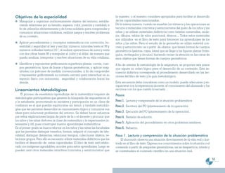 Objetivos de la especialidad                                                     la maestra o el maestro considere apropiados para facilitar el desarrollo
   Manipular y organizar autónomamente objetos del entorno, estable-             de las capacidades mencionadas.
   ciendo relaciones por su tamaño, espesor, color, posición y cantidad, a       De la misma manera, cuando se enseñan los números y las operaciones se
   fin de utilizarlos eficientemente y de forma solidaria para comprender y      recurre a materiales concretos y semiconcretos del gusto de los niños y las
   comunicar situaciones cotidianas, realizar juegos y resolver problemas        niñas y se utilizan materiales didácticos como tarjetas numeradas, azule-
   de su contexto.                                                               jos, dibujos, tablas de valor posicional, ábacos.... Todos estos materiales
                                                                                 son utilizados en el libro de texto para favorecer los aprendizajes de los
   Aplicar procedimientos y conceptos matemáticos con corrección, ho-            niños y las niñas. Para el estudio de la geometría se utiliza material con-
   nestidad y seguridad al leer y escribir números naturales hasta el 99 y       creto y semiconcreto: es a partir de objetos que tienen formas de cuerpos
   números ordinales hasta el 10.°, al realizar operaciones de suma y resta      geométricos (pelotas, cajas, latas) que se llega a las figuras planas (trián-
   con dos cifras hasta 99 y manipular el colón y el dólar, de manera que        gulos, rectángulos y círculos), haciendo recaer la atención en las caras de
   pueda analizar, interpretar y resolver situaciones de su vida cotidiana.      esos objetos que tienen formas de cuerpos geométricos.
   Identificar y representar gráficamente superficies planas, curvas, cuer-      A fin de orientar la metodología de la asignatura, se proponen seis pasos
   pos geométricos, tipos de líneas y figuras geométricas, y aplicar mag-        que siguen un orden lógico para el desarrollo de un contenido. Esta se-
   nitudes con patrones de medida convencionales, a fin de comprender            cuencia didáctica corresponde al procedimiento desarrollado en las lec-
   y representar gráficamente su contexto cercano para interactuar en su         ciones del libro de texto y la guía metodológica.
   espacio físico con autonomía, seguridad y colaboración hacia los
   demás.         .                                                              Esta secuencia debe concebirse como un modelo: puede adecuarse y en-
                                                                                 riquecerse con la experiencia docente, el conocimiento del alumnado y los
Lineamientos Metodológicos                                                       recursos con los que cuenta la escuela .
     El proceso de enseñanza aprendizaje de la matemática requiere de            Pasos:
metodologías participativas que generen la búsqueda de respuestas en el
y la estudiante, promoviendo su iniciativa y participación en un clima de        Paso 1. Lectura y comprensión de la situación problemática
confianza en el que puedan equivocarse sin temor; y también metodolo-            Paso 2. Escritura del PO (planteamiento de la operación).
gías que les permitan desarrollar su razonamiento lógico y comunicar sus
ideas para solucionar problemas del entorno. Se deben hacer esfuerzos            Paso 3. Ejecución del PO (planteamiento de la operación).
por evitar explicaciones largas de parte de la o el docente y procurar que       Paso 4. Revisión de solución.
los niños y las niñas disfruten la clase de matemática y la experimenten in-
teresante y útil, pues construyen nuevos aprendizajes matemáticos
                                                                                 Paso 5. Aplicación del procedimiento en otros problemas similares.
En el primer grado se busca reforzar en los niños y las niñas las facultades     Paso 6. Refuerzo.
que les permitan distinguir tamaños, formas, adquirir el concepto de late-
ralidad, distinguir distancias, relacionar tiempos, coleccionar objetos, re-     Paso 1. Lectura y comprensión de la situación problemática
lacionar grupos. Para ello es necesario utilizar materiales didácticos que les       El alumnado observa una situación directamente de la vida real o ilus-
faciliten el desarrollo de estas capacidades. El libro de texto está elabo-      trada en el libro de texto. Expresa sus conocimientos sobre la situación o el
rado con imágenes agradables, acordes para estos aprendizajes. Luego se          contenido a partir de preguntas generadoras, así se despierta su interés y
pueden usar otros materiales atractivos (concretos y semiconcretos) que          se contextualiza el contenido científico en una situación real.

                                                                                                                                                                 55
 