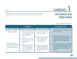 Objetivo                                                                                                           UNIDAD                          1
                                                                                                                      ASÍ SOMOS LOS
 Diferenciar a los seres vivos de la materia inerte, identificando sus características y fun-
 ciones vitales para valorar los beneficios que prestan al ser humano y al medio natu-

                                                                                                                          SERES VIVOS
 ral.




                                                                                                                        Tiempo probable: 27 horas clase

                                                CONTENIDOS                                                            INDICADORES DE LOGRO
     CONCEPTUALES                       PROCEDIMENTALES                          ACTITUDINALES               1.1   Describe de forma oral las características
  Los seres vivos, objetos y            Observación y descripción            Curiosidad al observar los            externas de los seres vivos, objetos y ma-
   materiales del entorno.              de las características exter-        seres vivos, objetos y mate-          teriales del entorno.
                                        nas de los seres vivos, ob-          riales que le rodean.
                                        jetos y materiales del
                                        entorno.                                                             1.2   Diferencia con claridad a los seres
                                                                             Interés al observar y descri-         vivos de los objetos y materiales del
                                        Diferenciación y represen-            bir los animales del en-             entorno por la observación de sus
                                        tación de seres vivos, obje-          torno: insectos, aves,               funciones vitales o la experimenta-
                                        tos y materiales del                  mamíferos, peces.                    ción.
                                        entorno.
  Semejanzas y diferencias
                                                                                                             1.3   Explora y describe oral y gráficamente
  externas (piel y extremida-           Identificación y descripción
                                                                             Creatividad al representar            con creatividad las semejanzas y dife-
  des) entre animales: aves,             de características externas         semejanzas y diferencias              rencias de piel y extremidades entre
  mamíferos, peces e insec-              de los animales del en-             externas entre los anima-             animales: aves, mamíferos, peces e
  tos.                                   torno: ,aves, mamíferos,            les: aves mamíferos, peces            insectos.
                                         peces e insectos.                   e insectos.


                                                                                                                                                                97
 
