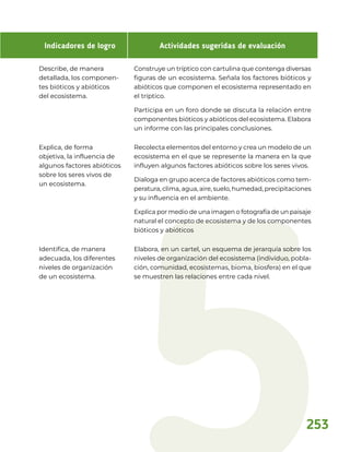 Indicadores de logro Actividades sugeridas de evaluación
Describe, de manera
detallada, los componen-
tes bióticos y abióticos
del ecosistema.
Construye un tríptico con cartulina que contenga diversas
figuras de un ecosistema. Señala los factores bióticos y
abióticos que componen el ecosistema representado en
el tríptico.
Participa en un foro donde se discuta la relación entre
componentes bióticos y abióticos del ecosistema. Elabora
un informe con las principales conclusiones.
Explica, de forma
objetiva, la influencia de
algunos factores abióticos
sobre los seres vivos de
un ecosistema.
Recolecta elementos del entorno y crea un modelo de un
ecosistema en el que se represente la manera en la que
influyen algunos factores abióticos sobre los seres vivos.
Dialoga en grupo acerca de factores abióticos como tem-
peratura, clima, agua, aire, suelo, humedad, precipitaciones
y su influencia en el ambiente.
Explica por medio de una imagen o fotografía de un paisaje
natural el concepto de ecosistema y de los componentes
bióticos y abióticos
Identifica, de manera
adecuada, los diferentes
niveles de organización
de un ecosistema.
Elabora, en un cartel, un esquema de jerarquía sobre los
niveles de organización del ecosistema (individuo, pobla-
ción, comunidad, ecosistemas, bioma, biosfera) en el que
se muestren las relaciones entre cada nivel.
253
 