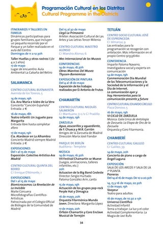 34
ITINERARIOS Y TALLERES EN
FAMILIA
Dinámicas participativas para
grupos familiares, que incluyen
un pequeño recorrido por el
Parque y un taller realizado en el
aula del Centro
Domingos de 11 a 12.30h
Taller Huellas y otros rastros I (de
4 a 7 años)
17 de mayo
Lugar de encuentro: Aula
Ambiental La Cabaña del Retiro
SALAMANCA
CENTRO CULTURAL BUENAVISTA
Avenida de los Toreros, 5
14 de mayo, 19h
Cía. Ana María e Isidro de La Vera
Concierto“Canción Española”
Entrada: 2 €
16 de mayo, 18h
Teatro infantil: Un Juguete para
Margarita
Entrada libre hasta completar
aforo
17 de mayo, 19h
Cía. Atardecer en La Alhambra
Concierto Madrid siempre Madrid
Entrada: 2 €
EXPOSICIONES
Del 1 al 15 de mayo
Exposición: Colectivo Artístico Ara
Madrid
CENTRO CULTURAL QUINTA DEL
BERRO
C/ Enrique D’Almonte, 1
EXPOSICIONES
Del 1 al 15 de mayo
Biomicrocosmos: La Revelación de
Lo Invisible
Maite Corcuera
Microfotografías Científico-
Artísticas
Patrocinada por el Colegio Oficial
de Biólogos de la Comunidad de
Madrid
Del 15 al 30 de mayo
Llegó La Primavera
Arleter: Asociación Cultural de Las
Artes y Las Letras Tercer Milenio
CENTRO CULTURAL MAESTRO
ALONSO
C/ Maestro Alonso, 6.
Mes Internacional de los Museos
CONFERENCIAS
14 de mayo, 18.30h
Obras Maestras Del Museo
Thyssen-Bornemisza
EXPOSICIÓN DE PINTURA
Del 4 al 18 de mayo
Exposición de los trabajos
realizados por D.Antonio de Frutos
CHAMARTÍN
CENTRO CULTURAL NICOLÁS
SALMERÓN
C/ Mantuano, 51 c/v C/ Pradillo
14 de mayo, 19h
ZARZUELA
Agua, azucarillos y aguardiente,
de F. Chueca y M.R. Carrión
Amigos de la Zarzuela de Madrid
Dirección María José Fiandor
PARQUE DE BERLÍN
Auditorio - Templete
MÚSICA
14 de mayo, 16.30h
VII Festival Chamartín se Mueve
(Juegos, animaciones, talleres
infantiles, etc.)
20h
Actuacion de la Big Band Cesleste
Director: Sergio Hurtado
Paloma González Arín, canto
15 de mayo, 19h
Actuación de los grupos pop-rock
Perple Hat y Dimagica
16 de mayo, 20h
Orquesta Filarmónica Mundo
Joven. Directora: Margarita López
17 de mayo, 20h
Orfeón Chamartín y Coro Enclave
Musical de Torrejón
TETUÁN
CENTRO SOCIO CULTURAL JOSÉ
DE ESPRONCEDA
C/ Almansa, 9
Las entradas para la
programación se recogerán con
antelación. Más información en el
propio Centro 915536160
CONFERENCIA
Imparte Paloma Navarro,
Investigadora social y experta en
comunicación
14 de mayo, 19h
Conmemoración Día Mundial
de las Telecomunicaciones y la
Sociedad de la Información y el
Día de Internet.
La comunicación ayer y
hoy. Herramientas para la
comunicación presente y futura
CENTROCULTURALEDUARDOÚRCULO
Plaza Donoso, 5
16 de mayo, 19h
VI CICLO DE ZARZUELA
Música: Gala Lírica de Antología
de Zarzuela: La Etapa de Oro de la
Zarzuela
Orquesta y Coro Filarmonía.
CHAMBERÍ
CENTRO CULTURAL GALILEO
C/ Galileo, 39
14 de mayo, 20h
Concierto de piano a cargo de
Ángel Laguna
EXPOSICIÓN
SALA DE LOS ARCOS Y SALA DE LA
1ª PLANTA
Pioneras
Del 14 al 16 de mayo.De 10 a 20.30h
14, 15 y 16 de mayo, 20.30h
17 de mayo, 19h
Vooyeur
Teatro para adultos
16 de mayo, de 10.30 a 13h
Universo Científico
Actividad Infantil
Tema a trabajar: La luz y el color
Actividad Complementaria: La
Magia de Javi Rufo
Programación Cultural en los Distritos
Cultural Programme in the Districts
 