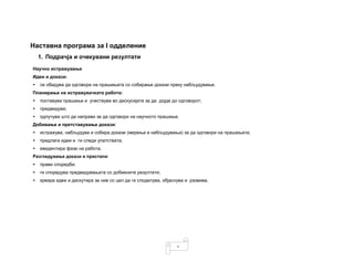 4
Наставна програма за I одделение
1. Подрачја и очекувани резултати
Научно истражување
Идеи и докази:
• се обидува да одговори на прашањата со собирање докази преку набљудување.
Планирање на истражувачката работа:
• поставува прашања и учествува во дискусијата за да дојде до одговорот;
• предвидува;
• одлучува што да направи за да одговори на научното прашање.
Добивање и претставување докази:
• истражува, набљудува и собира докази (мерења и набљудувања) за да одговори на прашањата;
• предлага идеи и ги следи упатствата;
• евидентира фази на работа.
Разгледување докази и пристапи:
• прави споредби;
• ги споредува предвидувањата со добиените резултати;
• креира идеи и дискутира за нив со цел да ги споделува, објаснува и развива.
 
