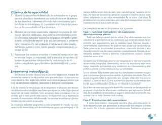 Objetivos de la especialidad                                                     nisterio de Educación: libro de texto, guía metodológica y cuaderno de tra-
1. Mostrar autonomía en el desarrollo de actividades en el grupo                 bajo. Por tanto se recomienda apoyarse durante la clase en dichos mate-
                                                                                 riales, adaptando su uso a las necesidades de los niños y las niñas. Al
   escolar y familiar y manifestar una actitud crítica en la defensa
                                                                                 familiarizarse con estos materiales será más fácil enriquecerlos con otras
   de sus derechos y deberes utilizando este conocimiento para
                                                                                 experiencias en el aula o fuera de ella.
   fortalecer su autoestima y la convivencia social entre las perso-
   nas de la comunidad local y el municipio.
                                                                                 Las fases de la secuencia didáctica son las siguientes:
2. Manejar las nociones espaciales, utilizando los puntos de refe-               Fase 1. Actividad motivadora y de exploración
   rencia y puntos cardinales, descubrir las interrelaciones entre               deconocimientos previos
   los elementos naturales y sociales del paisaje geográfico prac-                    Esta fase debe promover que los niños y las niñas expresen sus con-
   ticando actitudes de respeto y de solidaridad hacia la preserva-              cepciones y su percepción de los contenidos que serán abordados. Es im-
                                                                                 portante que experimenten que la realidad tiene distintas facetas o
   ción y conservación del ambiente y fortalecer el conocimiento
                                                                                 características, dependiendo de quién la mira y bajo qué circunstancias.
   del tiempo histórico como medio para la comprensión de la re-
                                                                                 Debe potenciarse la curiosidad por explorar, orientando también a exa-
   alidad social.                                                                minar la forma en que las cosas cambian constantemente. Ejemplo de ac-
3. Relacionar los cambios ocurridos a través del tiempo en el cen-               tividades: salidas y visitas a fábricas, radioemisoras, museos, lugares
                                                                                 naturales, entre otras.
   tro escolar, hogar y comunidad local y describir los aportes cul-
   turales de personajes históricos en la conformación de la                     Se espera que el alumnado observe una situación de la vida real por medio
   cultura salvadoreña para fortalecer la identidad local y nacio-               de recorridos, fotografías, observación y lectura de situaciones, entre otros.
   nal.                                                                          Luego, responde a preguntas para evidenciar sus conocimientos y des-
                                                                                 pertar su interés por los contenidos que se estudiarán.
Lineamientos metodológicos                                                       La o el docente debe motivar para que sus estudiantes comenten sus pro-
     En Estudios Sociales, al igual que en las otras asignaturas, el papel del   pias conclusiones y le encuentren sentido al fenómeno estudiado. Para ello
docente es orientar a los educandos para que descubran y construyan sus          puede preguntar sobre lo observado, por ejemplo: ¿Han visto ríos en tu lo-
conocimientos. Esto implica planificar una metodología que priorice que          calidad? ¿Cómo los ven? ¿Qué te sucedería si pasaras mucho tiempo den-
los y las estudiantes observen, descubran y deduzcan conclusiones.               tro del agua contaminada? ¿Cómo es el clima de tu localidad?
A fin de orientar la metodología de la asignatura se propone una secuen-         En el libro de texto que apoya el desarrollo curricular de la asignatura se
cia didáctica estructurada en seis fases que siguen un orden lógico para el      proponen fotografías de situaciones o ambientes que representan la reali-
desarrollo de cada contenido. Esta secuencia debe concebirse como un             dad. En el cuaderno de ejercicios se sugiere desarrollar un proyecto rela-
modelo, por lo tanto puede adecuarse y enriquecerse con la experiencia           cionado con un valor, durante cada unidad.
docente, el conocimiento del alumnado, los recursos tecnológicos y los ma-
teriales con que cuenta la escuela.                                              Fase 2. Construcción del conocimiento
                                                                                     A partir de la realidad observada, los niños y las niñas descubren re-
La secuencia didáctica propuesta en este programa de estudio es cohe-            laciones particulares que generalizan a situaciones más amplias o al resto
rente con la desarrollada en los materiales de apoyo que entregará el Mi-        del mundo. Por lo tanto, aprenden inductivamente. También se proponen


                                                                                                                                                                  117
 