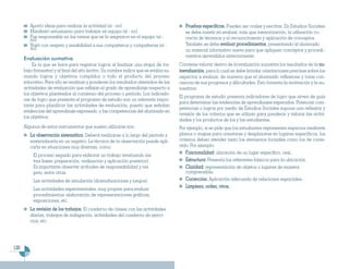 Aportó ideas para realizar la actividad (sí - no)                                 Pruebas específicas. Pueden ser orales y escritas. En Estudios Sociales
         Manifestó entusiasmo para trabajar en equipo (sí - no)                            se debe insistir en evaluar, más que memorización, la utilización co-
         Fue responsable en las tareas que se le asignaron en el equipo (sí -              rrecta de términos y el reconocimiento y aplicación de conceptos.
         no)
         Trató con respeto y amabilidad a sus compañeros y compañeras (sí -                También se debe evaluar procedimientos, presentando al alumnado
         no)                                                                               un material informativo nuevo para que apliquen conceptos y procedi-
                                                                                           mientos aprendidos anteriormente.
      Evaluación sumativa
          Es la que se hace para registrar logros al finalizar una etapa de tra-        Conviene valorar dentro de la evaluación sumativa los resultados de la au-
      bajo (trimestre) y al final del año lectivo. Su nombre indica que se evalúa su-   toevaluación, para lo cual se debe brindar orientaciones precisas sobre los
      mando logros y objetivos cumplidos o todo el producto del proceso                 aspectos a evaluar, de manera que el alumnado reflexione y tome con-
      educativo. Para ello se analizan y ponderan los resultados obtenidos de las       ciencia de sus progresos y dificultades. Esto fomenta la motivación y la au-
      actividades de evaluación que reflejan el grado de aprendizaje respecto a         toestima.
      los objetivos planteados al comienzo del proceso o período. Los indicado-
                                                                                        El programa de estudio presenta indicadores de logro que sirven de guía
      res de logro que presenta el programa de estudio son un referente impor-
                                                                                        para determinar las evidencias de aprendizajes esperados. Potenciar com-
      tante para planificar las actividades de evaluación, puesto que señalan
                                                                                        petencias o logros por medio de Estudios Sociales supone una reflexión y
      evidencias del aprendizaje expresado y las competencias del alumnado en
                                                                                        revisión de los criterios que se utilizan para ponderar y valorar las activi-
      los objetivos.
                                                                                        dades y los productos de los y las estudiantes.
      Algunos de estos instrumentos que suelen utilizarse son:                          Por ejemplo, si se pide que los estudiantes representen espacios mediante
         La observación sistemática. Deberá realizarse a lo largo del período y         planos o mapas para orientarse y desplazarse en lugares específicos, los
         materializarla en un registro. La técnica de la observación puede apli-        criterios deben atender tanto los elementos formales como los de conte-
         carla en situaciones muy diversas, como:                                       nido. Por ejemplo:

           El proceso seguido para elaborar un trabajo (evaluando las
                                                                                            Funcionalidad: ubicación de un lugar específico, real.
           tres fases: preparación, realización y aplicación posterior).                    Estructura: Presenta los referentes básicos para la ubicación.
           Es importante observar actitudes de responsabilidad y res                        Claridad: representación de objetos o lugares de manera
           peto, entre otras.                                                               comprensible.
           Las actividades de simulación (dramatizaciones y juegos).                        Corrección: Aplicación adecuada de relaciones espaciales.
                                                                                           Limpieza, orden, otros.
           Las actividades experimentales, muy propias para evaluar
           procedimientos: elaboración de representaciones gráficas,
           exposiciones, etc.
         La revisión de los trabajos. El cuaderno de clases con las actividades
         diarias, trabajos de indagación, actividades del cuaderno de ejerci-
         cios, etc.




120
 