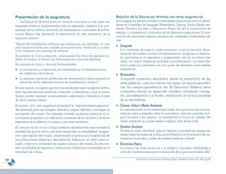 Presentación de la asignatura                                                    Relación de la Educacion Artística con otras asignaturas
          La Educación Artística pone en contacto a los niños y a las niñas con        Esta asignatura permite fortalecer habilidades importantes para el apren-
      lenguajes artísticos fundamentales para la expresión creadora y la com-          dizaje de contenidos de Lenguaje, Matemática, Ciencia, Salud y Medio am-
      prensión de su cultura y sociedad. Los fundamentos curriculares de la Edu-       biente, Estudios Sociales y Educación Física. De ahí la importancia de
      cación Básica han planteado la importancia de esta asignatura de la              integrar o correlacionar contenidos de las diferentes asignaturas. A conti-
                                                                                       nuación se mencionan algunos ejemplos de contenidos y habilidades afi-
      siguiente manera:
                                                                                       nes:
      “Desarrolla habilidades artísticas que enriquecen sus aptitudes, no solo
      para apreciar el arte, sino también para practicarlo, vivenciarlo y conser-
                                                                                          Lenguaje.
      varlo mediante una variedad de técnicas         .                                   Los contenidos de música y artes escénicas –como la escucha, discri-
                                                                                          minación de sonidos, el canto, la dramatización– propician un desarro-
      Se presenta en forma integrada, relacionando las áreas de expresión ar-
                                                                                          llo importante en la expresión y comprensión oral de los niños y las
      tística: la música, la danza, las artes escénicas y las artes plásticas.
                                                                                          niñas, con mayor énfasis en actitudes y procedimientos. Los textos lite-
      Se organiza en torno a dos ejes fundamentales:                                      rarios poéticos y narrativos son otro punto de encuentro entre ambas
         La percepción y el desarrollo de habilidades en actividades musica-              asignaturas.
         les, plásticas y dramáticas.                                                     Matemática.
         La expresión personal gratificante de sentimientos e ideas mediante el           Comparte contenidos abordados desde la perspectiva de las
         desarrollo de las diferentes formas de manifestación artística”.1                artes plásticas, como los colores, las líneas, las figuras geométri-
      En este sentido, se espera que los y las estudiantes sean receptores activos        cas, los cuerpos geométricos, etc. En Educación Artística, estos
      ante representaciones plásticas, musicales y dramáticas, y que al mismo             contenidos ofrecen un desarrollo completo, incluyendo concep-
      tiempo puedan expresar su pensamiento, experiencia y fantasías a través             tos, procedimientos y actitudes, enfatizando en la funcionalidad
      de estos mismos medios.                                                             de su aprendizaje.
      En primer ciclo, esta asignatura fomentará la “espontaneidad expresiva”             Ciencia, Salud y Medio Ambiente.
      del alumnado para que imagine, descubra, juegue, disfrute y comunique su            La representación de la realidad por medio de la plástica y las artes es-
      percepción del mundo. Sin embargo, también es preciso potenciar el co-              cénicas cubre contenidos sobre la naturaleza, como los animales, la fi-
      nocimiento progresivo y la utilización consciente de los recursos y técnicas        gura humana y las plantas. La sensibilización hacia el cuidado del
      expresivos de la plástica, la música y las artes escénicas.                         medio ambiente es posible desde cualquier área de las artes.

      El contacto inicial con los códigos estéticos de estas artes tiene también la       Estudios Sociales .
      finalidad de que los niños y las niñas desarrollen su sensibilidad, imagina-        Temáticas sobre identidad cultural, historia y sociedad se enriquecen
      ción y percepción del mundo, interpretando y apreciando el significado de           desde todas las áreas de la Educación Artística con la inclusión de ins-
      las producciones artísticas y descubriendo belleza en un objeto para ac-            trumentos musicales y bailes de nuestra tradición cultural.
      ceder a valores y contenidos de nuestra cultura y del mundo. En este sen-           Educación Física.
      tido, la actividad de expresión y elaboración artística se contextualiza en la      La música, las artes escénicas y la plástica consolidan habilidades y
      sociedad y la cultura.                                                              actitudes fundamentales para el desarrollo de la psicomotricidad. Ade-

140                                                                                                   1 Fundamentos cuniculares de la Educación Básica. Ministerio de Educación, 1999, pág.58.
 