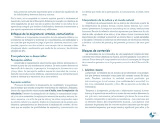 más, potencian actitudes importantes para un desarrollo equilibrado de         los demás por medio de la participación, la comunicación, el orden, entre
   las habilidades y destrezas físicas y motoras.                                 otras.
Por lo tanto, no es aceptable ni correcto suprimir parcial o totalmente el
desarrollo curricular de la Educación Artística por cumplir con objetivos de      Interpretación de la cultura y el mundo natural
otras asignaturas, ya que con ello se priva a las niñas y a los niños de un            Contribuye al enriquecimiento de los marcos de referencia a partir de
aprendizaje integral que fortalece habilidades y destrezas transversales y        la interpretación de sonidos, formas, colores, líneas, texturas, luz o movi-
que aporta experiencias motivadoras y edificantes.                                miento presentes en los espacios naturales y en las obras y realizaciones
                                                                                  humanas. Permite la reflexión sobre las agresiones que deterioran la cali-
Enfoque de la asignatura: artístico-comunicativo                                  dad de vida, ayudando a los niños y a las niñas a tomar conciencia de la
     Enfatiza en el componente comunicativo de toda expresión artística con       importancia de contribuir a preservar un entorno físico y social agradable
la intención de fortalecer y potenciar los conocimientos, las habilidades y       y saludable. Demanda la selección de intercambio de información referida
las actitudes que se ponen en juego al percibir (observar, escuchar), com-        a ámbitos culturales del pasado y del presente, próximos o de otros pue-
prender y apreciar una obra artística como receptor de un mensaje, o bien         blos.
al expresar ideas o sentimientos por medio de los recursos y las técnicas
propias del arte.                                                                 Bloques de contenido
                                                                                        La naturaleza de los contenidos de esta asignatura comprende bási-
Competencias a desarrollar                                                        camente tres formas artísticas: la música, las artes plásticas y las artes es-
Percepción estética                                                               cénicas. Estas áreas y el componente sociocultural constituyen los bloques
     Desarrolla la capacidad de observación para obtener información re-          de contenidos que estructuran la propuesta curricular de la Educación Ar-
levante a partir de una manifestación artística. De esta manera favorece el       tística.
desarrollo de la atención, la percepción, la imaginación, la memoria a corto
                                                                                  1. Educación musical:
y largo plazo. La percepción estética supone la capacidad de conocer y
disfrutar las producciones artísticas, argumentando sus interpretaciones             Comprende la reflexión de los sonidos de la naturaleza o los produci-
sobre el mensaje y la valoración de la obra artística.                               dos por diversos materiales como parte del contexto sonoro del alum-
                                                                                     nado. También, introduce la realidad musical producida por
Expresión estética                                                                   instrumentos y por la voz humana, y las cualidades de la sonoridad: tim-
     Promueve la iniciativa, la imaginación, la creatividad y la espontanei-         bre, tono, intensidad, duración y ritmo. (No se aprecian en la tabla de
dad al tiempo que enseña a respetar otras formas de expresión. Asimismo,             contenidos.)
desarrolla capacidades relacionadas con el habla, como la respiración o la           “Respecto a la expresión, producción o elaboración musical, la ense-
articulación. Favorece la manipulación de objetos, la comunicación corpo-            ñanza y el aprendizaje se realizan a través de tres medios diferentes: la
ral y con otros materiales; la exploración sensorial de sonidos, texturas, for-      voz y el canto, instrumentos y el movimiento y la danza. La voz es el ins-
mas o espacios, con el fin de que los niños y las niñas comprendan mejor             trumento comunicativo y expresivo por excelencia… Las canciones son
su entorno cultural y su espacio. Implica la comprensión de los propios sen-         un elemento básico del comportamiento musical… Los alumnos y las
timientos y pensamientos sin desconocer la realidad del contexto, de ma-             alumnas de primaria han de conocer muchas canciones que les apor-
nera que se amplíen las posibilidades de expresión y comunicación con                ten variedad expresiva, que tenga interés y significado para ellos, a fin

                                                                                                                                                                   141
 