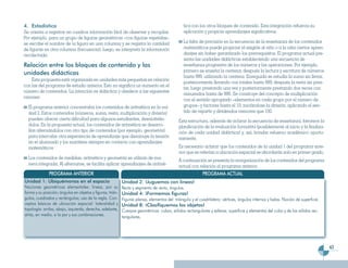 4. Estadística                                                                                  tica con los otros bloques de contenido. Esta integración refuerza su
Se orienta a registrar en cuadros información fácil de observar y recopilar.                    aplicación y propicia aprendizajes significativos.
Por ejemplo, para un grupo de figuras geométricas –con figuras repetidas–
se escribe el nombre de la figura en una columna y se registra la cantidad                      La falta de precisión en la secuencia de la enseñanza de los contenidos
de figuras en otra columna (frecuencia); luego, se interpreta la información                    matemáticos puede propiciar el exigirle al niño o a la niña ciertos apren-
recolectada.                                                                                    dizajes sin haber garantizado los prerrequisitos. El programa actual pre-
                                                                                                senta las unidades didácticas estableciendo una secuencia de
Relación entre los bloques de contenido y las                                                   enseñanza progresiva de los números y las operaciones. Por ejemplo,
                                                                                                primero se enseña la centena, después la lectura y escritura de números
unidades didácticas
                                                                                                hasta 999, utilizando la centena. Enseguida se estudia la suma sin llevar,
    Esta propuesta está organizada en unidades más pequeñas en relación
                                                                                                posteriormente llevando con totales hasta 999; después la resta sin pres-
con las del programa de estudio anterior. Esto no significa un aumento en el
                                                                                                tar, luego prestando una vez y posteriormente prestando dos veces con
número de contenidos. La intención es didáctica y obedece a las siguientes
                                                                                                minuendos hasta de 999. Se construye del concepto de multiplicación
razones:
                                                                                                con el sentido apropiado –elementos en cada grupo por el número de
  El programa anterior concentraba los contenidos de aritmética en la uni-                      grupos– y factores hasta el 10, iniciándose la división, aplicando el sen-
  dad 2. Estos contenidos (números, suma, resta, multiplicación y división)                     tido de repartir y dividendos menores que 100.
  pueden ofrecer cierta dificultad para algunos estudiantes, desmotiván-                     Esta estructura, además de aclarar la secuencia de enseñanza, favorece la
  dolos. En la propuesta actual, los contenidos de aritmética se desarro-                    planificación de la evaluación formativa (posiblemente al inicio y la finaliza-
  llan alternándolos con otro tipo de contenidos (por ejemplo, geometría)                    ción de cada unidad didáctica) y, así, brindar refuerzo académico oportu-
  para intercalar otra experiencia de aprendizaje que disminuye la tensión                   namente.
  en el alumnado y los mantiene siempre en contacto con aprendizajes
  matemáticos                                                                                Es necesario aclarar que los contenidos de la unidad 1 del programa ante-
                                                                                             rior que se referían a ubicación espacial se abordarán solo en primer grado.
  Los contenidos de medidas, aritmética y geometría se utilizan de ma-
                                                                                             A continuación se presenta la reorganización de los contenidos del programa
  nera integrada. Al alternarse, se facilita aplicar aprendizajes de aritmé-                 actual con relación al programa anterior.
              PROGRAMA ANTERIOR                                                                            PROGRAMA ACTUAL
Unidad 1: Ubiquémonos en el espacio                         Unidad 2: ¡Juguemos con líneas!
Nociones geométricas elementales: líneas, por su            Recta y segmento de recta, ángulos.
forma y su posición; ángulos en objetos y figuras; trián-   Unidad 4: ¡Formemos figuras!
gulos, cuadrados y rectángulos; uso de la regla. Con-       Figuras planas, elementos del triángulo y el cuadrilátero: vértices, ángulos internos y lados. Noción de superficie.
ceptos básicos de ubicación espacial: lateralidad y         Unidad 8: ¡Clasifiquemos los objetos!
topología: arriba, abajo, izquierda, derecha, adelante,     Cuerpos geométricos: cubos, sólidos rectangulares y esferas; superficie y elementos del cubo y de los sólidos rec-
atrás, en medio, a la par y sus combinaciones.              tangulares.




                                                                                                                                                                                   43
 
