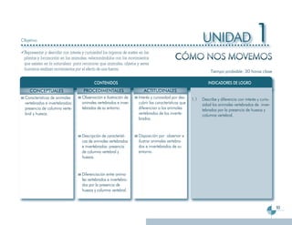 Objetivo                                                                                                      UNIDAD                          1
                                                                                              CÓMO NOS MOVEMOS
 Representar y describir con interés y curiosidad los órganos de sostén en las
 plantas y locomoción en los animales, relacionándolos con los movimientos
 que existen en la naturaleza para reconocer que animales, objetos y seres
 humanos realizan movimientos por el efecto de una fuerza.
                                                                                                                   Tiempo probable: 30 horas clase

                                            CONTENIDOS                                                           INDICADORES DE LOGRO
    CONCEPTUALES                     PROCEDIMENTALES                       ACTITUDINALES
 Características de animales        Observación e ilustración de       Interés y curiosidad por des-    1.1   Describe y diferencia con interés y curio-
 vertebrados e invertebrados:       animales vertebrados e inver-      cubrir las características que         sidad los animales vertebrados de inver-
 presencia de columna verte-        tebrados de su entorno.            diferencian a los animales             tebrados por la presencia de huesos y
 bral y huesos.                                                        vertebrados de los inverte-            columna vertebral.
                                                                       brados.


                                    Descripción de característi-       Disposición por observar e
                                    cas de animales vertebrados        ilustrar animales vertebra-
                                    e invertebrados: presencia         dos e invertebrados de su
                                    de columna vertebral y             entorno.
                                    huesos.


                                    Diferenciación entre anima-
                                    les vertebrados e invertebra-
                                    dos por la presencia de
                                    huesos y columna vertebral.


                                                                                                                                                           93
 