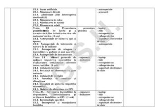 22.2. Surse artificiale
22.3. Alimentare directă
22.4. Alimentare prin întreruperea
continuităţii
22.5. Alimentarea în releu
22.6. Alimentarea în navetă
22.7. Alimentarea mixtă
- autospeciale
- accesorii
Tema 23 - Prezentarea
posibilităţilor de lucru şi a
caracteristicilor tehnico-tactice ale
autospecialelor. (4 ore)
23.1. Autospeciale de lucru cu apă şi
spumă
23.2. Autospeciale de intervenţie şi
salvare de la înălţime
23.3. Autospeciale de stingere a
incendiilor cu pulbere şi azot sau CO2
23.4. Autospeciale de descarcerare
- prezentare
practică
- laptop
- folii
- retroproiector
- videoproiector
- suporturi electronice
de date
- autospeciale
Tema 24 - Măsuri generale de
apărare împotriva incendiilor la
exploatarea instalaţiilor aferente
construcţiilor. (1 oră)
24.1. Instalaţii electrice
24.2. Instalaţii de alimentare cu gaze
naturale
24.3. Instalaţii de încălzire
24.4. Instalaţii de ventilare şi
climatizare
24.5. Instalaţii de protecţie împotriva
trăsnetului
24.6. Sisteme de alimentare cu GPL
- expunere
- dezbatere
- laptop
- folii
- retroproiector
- videoproiector
- suporturi electronice
de date
Tema 25 – Prevenirea incendiilor la
depozitarea, comercializarea şi
utilizarea buteliilor cu GPL. (1 oră)
25.1. Terminologie specifică
25.2. Transportul şi manipularea
buteliilor
- expunere
- dezbatere
- laptop
- folii
- retroproiector
- videoproiector
- suporturi electronice
de date
I.G
.S.U
.
 
