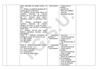 peste suprafeţe de sprijin reduse. (3
ore)
2.1. Tehnica escaladării gardului de 2
m prin agăţare şi din forţă.
2.2. Tehnica trecerii peste bârna de
echilibru. Exerciţiu de control:
alergare 10 m cu două role de furtun
tip „C”, trecerea peste bârnă,
întinderea rolelor şi racordarea între
ele.
2.3. Tehnica escaladării casei
machetă. Exerciţiu de control:
alergare 10 metri cu scara în mână,
escaladarea casei machetă şi alergare
20 de metri.
2.4. Tehnica trecerii prin spaţii
limitate (subsoluri, tuneluri, canale
tehnologice).
- antrenament - centură psi cu
carabină
- gard de 2m
- bârnă de echilibru
- capcana
- amenajări specifice
Tema 3 – Tehnica întinderii şi
strângerii rolelor de furtun (2 ore)
3.1. Rolă simplă;
3.2. Rolă dublă;
3.3. Panglică.
- prezentare
practică
- antrenament
- cască psi
- costum de protecţie
- centură psi cu
carabină
- role de furtun tip „C”
şi „B”
Tema 4 – Tehnica mânuirii scărilor
manuale. (2 ore)
4.1. Scara de fereastră
4.2. Scara culisabilă
4.3. Scara baston
4.4. Scara de împerechere
- prezentare
practică
- antrenament
- cască psi
- costum de protecţie
- centură psi cu
carabină
- mănuşi de protecţie
- cizme cu tălpi
neperforabile
- aparat de respirat cu
aer comprimat
- scara culisabilă
- scara de împerechere
- scara de fereastră
- scara baston
I.G
.S.U
.
 