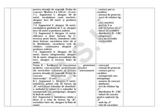 pentru situaţii de urgenţă. Proba de
concurs ”Ştafeta 4 x 100 m”. (3 ore)
7.1. Segmentul 1: alergare 30 de
metri, escaladarea casei machetă,
alergare încă 60 metri şi predarea
ştafetei.
7.2. Segmentul 2: alergare 50 metri,
escaladarea gardului de 2 m, alergare
încă 50 metri şi predarea ştafetei.
7.3. Segmentul 3: Alergare 15 metri,
ridicarea a două furtune tip C,
trecerea peste bârnă, întinderea celor
două furtune, racordarea între ele şi
la distribuitor, racordarea ţevii de
refulare, continuarea alergării şi
predarea ştafetei.
7.4. Segmentul 4: Alergare 20 de
metri, luarea stingătorului, alergare
30 de metri, stingerea incendiului din
tavă, alergare şi trecerea liniei de
sosire.
- centură psi cu
carabină
- mănuşi de protecţie
- ţeavă de refulare tip
„C”
- casă machetă
- gard de 2 m
- role de furtun tip „C”
- bârnă de echilibru
- distribuitor B – CBC
- stingătoare
- tavă de incendiu
- combustibil
Tema 8 – Învăţarea şi executarea
probelor concursurilor profesionale
ale serviciilor voluntare şi private
pentru situaţii de urgenţă. Proba de
concurs ”Dispozitivul de
intervenţie”. (3 ore)
8.1. Segmentul 1: Alergare 9 metri,
întinderea primei role de furtun tip
„B”, racordarea tuburilor de absorbţie,
a sorbului la tuburi şi a tuburilor la
autospecială sau motopompă, alergare
la linia de sosire.
8.2. Segmentul 2: Întinderea rolelor a
doua şi a treia de furtun tip „B”,
racordare între ele, alergare la linia de
sosire.
- prezentare
practică
- antrenament
- casca psi
- costum de protecţie
- centură psi cu
carabină
- autospecială sau
motopompă
- numere de concurs
- platformă
- ţevi de refulare tip
„C”
- distribuitor B - CBC
- tuburi de cauciuc
pentru aspiraţie tip
„A”
- sorb tip „A”
- chei de racordare
I.G
.S.U
.
 