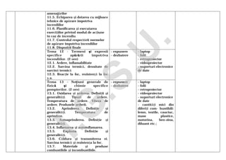 amenajărilor
11.5. Echiparea şi dotarea cu mijloace
tehnice de apărare împotriva
incendiilor
11.6. Planificarea şi executarea
exerciţiilor privind modul de acţiune
în caz de incendiu
11.7. Controlul respectării normelor
de apărare împotriva incendiilor
11.8. Dispoziţii finale
Tema 12 - Termeni şi expresii
specifice apărării împotriva
incendiilor. (2 ore)
12.1. Ardere, inflamabilitate
12.2. Sarcina termică, densitate de
sarcină termică
12.3. Reacţie la foc, rezistenţă la foc
ş.a.
- expunere
- dezbatere
- laptop
- folii
- retroproiector
- videoproiector
- suporturi electronice
de date
Tema 13 – Noţiuni generale de
fizică şi chimie specifice
pompierilor. (2 ore)
13.1. Oxidarea şi arderea. Definiţii şi
generalităţi. Tipuri de ardere.
Temperatura de ardere. Viteza de
ardere. Produsele arderii.
13.2. Aprinderea. Definiţie şi
generalităţi. Temperatura de
aprindere.
13.3. Autoaprinderea. Definiţie şi
generalităţi.
13.4. Inflamarea şi autoinflamarea.
13.5. Explozia. Definiţie şi
generalităţi.
13.6. Căldura şi transmiterea ei.
Sarcina termică şi rezistenţa la foc.
13.7. Materiale şi produse
combustibile şi incombustibile.
- expunere
- dezbatere
- laptop
- folii
- retroproiector
- videoproiector
- suporturi electronice
de date
- cantităţi mici din
diferiţi com- bustibili:
lemn, textile, cauciuc,
mase plastice,
motorina, ben-zina,
diluant etc.;
I.G
.S.U
.
 