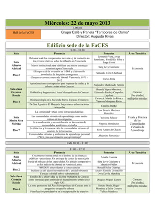 Miércoles: 22 de mayo 2013
4.00 pm
Hall de la FaCES Grupo Café y Panela "Tambores de Osma"
Director: Augusto Rivas
Edificio sede de la FaCES
9.00 – 10.30
Sala Ponencia Ponentes Área Temática
Sala
Alberto
Adriani
Piso 2
Relevancia de los componentes inerciales y de variación en
los precios relativos sobre la inflación en Venezuela
Leonardo Vera, Jorge
Sarmiento, Freddi Da Silva y
Jorge Corro
Economía
Marco institucional para viabilizar una nueva estrategia
económica para Venezuela
Sary Levy Carciente
El impacto de la inversión en I+D+I y el desarrollo
económico de los países emergentes
Fernando Torre-Chalbaud
Choques externos y mercado laboral. Venezuela, 1970 –
2012
Carlos Peña
Sala Juan
Germán
Roscio
Piso 4
Aproximaciones conceptuales para repensar la ciudad y lo
urbano: notas sobre Caracas
Alejandro Maldonado Fermín
Caracas:
Una ciudad,
múltiples miradas
Población y hogares en el Área Metropolitana de Caracas
Brenda Yépez-Martínez,
Edmundo Pardo y Carynthia
Leydenz
Bioarqueología en la hacienda Ibarra, Caracas-Venezuela
Carlos A. Martín La Riva y
Vanessa Mosquera Porto
De San Agustín a El Marqués: las primeras urbanizaciones
caraqueñas
Catalina Banko
Sala
Simón Sáez
Mérida
Piso 7
La comunidad virtual como estrategia didáctica
Ana Beatriz Martínez
González
Teoría y Práctica
de las
Comunidades
Virtuales de
Aprendizaje
Las comunidades virtuales de aprendizaje como medio
valioso de investigación
Yoraima Salazar
La e-moderación y su contribución en la creación de
comunidades académicas virtuales
Nayesia Hernández
La didáctica y la construcción de comunidades virtuales al
servicio de la formación
Rosa Amaro de Chacín
Comunidades virtuales y ambientes de aprendizaje personal
(PLE) ¿más socialización que aprendizaje?
Alejandra Fernández
Café 10.30 – 11.00
11.00 – 12.30
Sala Ponencia Ponentes Área Temática
Sala
Alberto
Adriani
Piso 2
Crecimiento institucional en el ámbito de las finanzas
públicas venezolanas. Un enfoque de costos de transacción
Amalia Lucena
Economía
Desde el enfoque de las capacidades. Un estudio comparativo
de los índices de libertad en América Latina
Sary Levy Carciente y
Mauricio Phélan
FONDEN: antecedentes y consecuencias Ronald Balza Guanipa
Incidencias del ajuste incompleto de la unidad tributaria Andrés Santeliz Granadillo
Sala Juan
Germán
Roscio
Piso 4
Caracas colonial: urbe y subalternidad Dora Dávila Mendoza
Caracas:
Una ciudad,
múltiples miradas
Estudio de la efectividad de la zona protectora de Caracas
como estrategia para estimular el decrecimiento urbano en el
siglo XXI
Douglas Miguel Llanos
La zona protectora del Área Metropolitana de Caracas ante la
progresiva ocupación urbana
Sandra Ornés, Roger
Martínez y Erika Camero
Planificación participativa en la recuperación de espacios Yelitza Mendoza
 