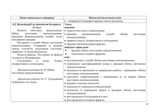 Зміст навчального матеріалу Навчальні досягнення учнів
• створювати й використовувати списки розсилки.
4.2. Комунікації за допомогою Інтернету
(3 год.)
Поняття миттєвого повідомлення.
Обмін миттєвими повідомленнями:
принципи функціонування служби, огляд
популярних програм.
Реєстрація в службі обміну миттєвими
повідомленнями. Створення й ведення
списку контактів, надсилання текстових,
графічних та відеоповідомлень.
Поняття форуму. Реєстрація на форумі
та участь в обговореннях.
Спілкування в чатах. Етикет
інтерактивного спілкування.
Практична робота № 10. Обмін
миттєвими повідомленнями.
Практична робота № 11. Спілкування
на форумах та в чатах.
Учень
пояснює:
• поняття миттєвого повідомлення;
• принцип функціонування служби обміну миттєвими
повідомленнями;
• правила етикету інтерактивного спілкування;
• принцип функціонування форуму;
наводить приклади:
• програм обміну миттєвими повідомленнями;
• тематичних інтернет-форумів;
вміє:
• реєструватися у службі обміну миттєвими повідомленнями;
• отримувати ідентифікаційний номер у програмі обміну миттєвими
повідомленнями;
• запускати на виконання та завершувати роботу з програмою обміну
миттєвими повідомленнями;
• знаходити співрозмовників і запрошувати їх до мережі обміну
миттєвими повідомленнями;
• керувати списком контактів;
• надсилати й отримувати повідомлення;
• надсилати й отримувати файли в програмі обміну миттєвими
повідомленнями;
• реєструватися й спілкуватися в чаті;
• реєструватися в інтернет-форумі;
16
 