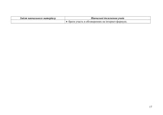 Зміст навчального матеріалу Навчальні досягнення учнів
• брати участь в обговореннях на інтернет-формуах.
17
 