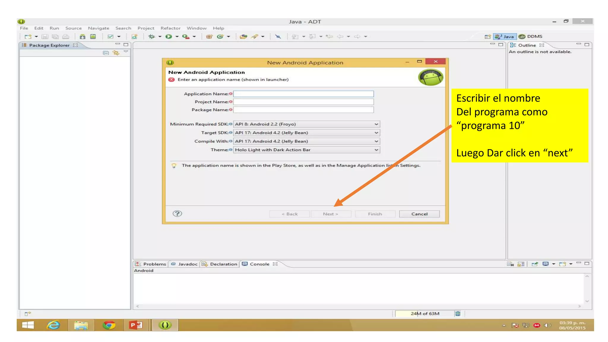 Escribir el nombre
Del programa como
“programa 10”
Luego Dar click en “next”