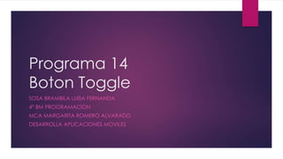 Programa 14
Boton Toggle
SOSA BRAMBILA LUISA FERNANDA
4° BM PROGRAMACION
MCA MARGARITA ROMERO ALVARADO
DESARROLLA APLICACIONES MOVILES
 