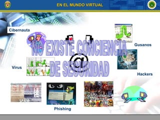 Phishing
Hackers
Gusanos
Virus
Cibernauta
EN EL MUNDO VIRTUALEN EL MUNDO VIRTUAL
 