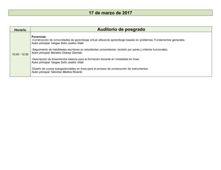 17 de marzo de 2017
Horario Auditorio de posgrado
10:00 - 12:00
Ponencias:
-Construcción de comunidades de aprendizaje virtual utilizando aprendizaje basado en problemas: Fundamentos generales.
Autor principal: Vargas Solís Justino Vidal
-Seguimiento de habilidades escritoras en estudiantes universitarios: revisión por pares y criterios funcionales.
Autor principal: Morales Chávez Germán
-Descripción de lineamientos básicos para la formación docente en modalidad en línea.
Autor principal: Vargas Solís Justino Vidal
-Diseño de cursos autogestionables en línea para el proceso de construcción de instrumentos.
Autor principal: Sánchez Medina Ricardo
 