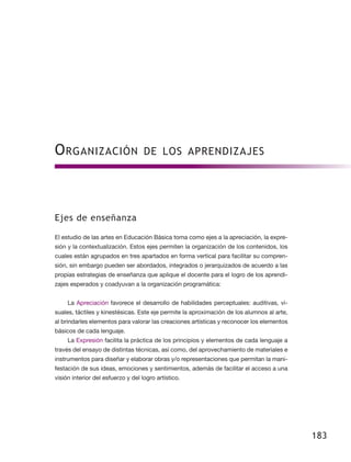 O rganización                       de los aprendizajes




Ejes de enseñanza

El estudio de las artes en Educación Básica toma como ejes a la apreciación, la expre-
sión y la contextualización. Estos ejes permiten la organización de los contenidos, los
cuales están agrupados en tres apartados en forma vertical para facilitar su compren-
sión, sin embargo pueden ser abordados, integrados o jerarquizados de acuerdo a las
propias estrategias de enseñanza que aplique el docente para el logro de los aprendi-
zajes esperados y coadyuvan a la organización programática:


     La Apreciación favorece el desarrollo de habilidades perceptuales: auditivas, vi-
suales, táctiles y kinestésicas. Este eje permite la aproximación de los alumnos al arte,
al brindarles elementos para valorar las creaciones artísticas y reconocer los elementos
básicos de cada lenguaje.
     La Expresión facilita la práctica de los principios y elementos de cada lenguaje a
través del ensayo de distintas técnicas, así como, del aprovechamiento de materiales e
instrumentos para diseñar y elaborar obras y/o representaciones que permitan la mani-
festación de sus ideas, emociones y sentimientos, además de facilitar el acceso a una
visión interior del esfuerzo y del logro artístico.




                                                                                            183
 