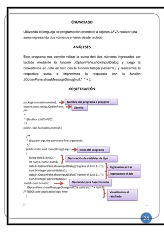 24
|
ENUNCIADO
Utilizando el lenguaje de programación orientado a objetos JAVA realizar una
suma ingresando dos números enteros desde teclado
ANÁLISIS
Este programa nos permite relizar la suma ded dos números ingresados por
teclado mediante la función JOptionPane.showInputDialog y luego la
convertimos en dato en tero con la función Integer.parseInt(); y realizamos la
respectiva suma e imprimimos la respuesta con la función
JOptionPane.showMessageDialog(null," " + );
CODIFICACIÓN
package sumadenumeros1;
import javax.swing.JOptionPane;
/**
*
* @author Lab03-PC02
*/
public class Sumadenumeros1 {
/**
* @param args the command line arguments
*/
public static void main(String[] args)
{
String dato1, dato2;
int num1, num2, num3;
dato1=JOptionPane.showInputDialog("Ingrese el dato 1..: ");
num1=Integer.parseInt(dato1);
dato2=JOptionPane.showInputDialog("Ingrese el dato 2..: ");
num2=Integer.parseInt(dato2);
num3=num1+num2;
JOptionPane.showMessageDialog(null,"la suma es..: " + num3);
// TODO code application logic here
}
}
Nombre del programa o proyecto
Librería
Inicio del programa
Declaración de variables de tipo
caracter
Ingresamos el 1er
numero
Ingresamos el 2do
numero
Operación para hacer la suma
Visualizamos el
resultado
 